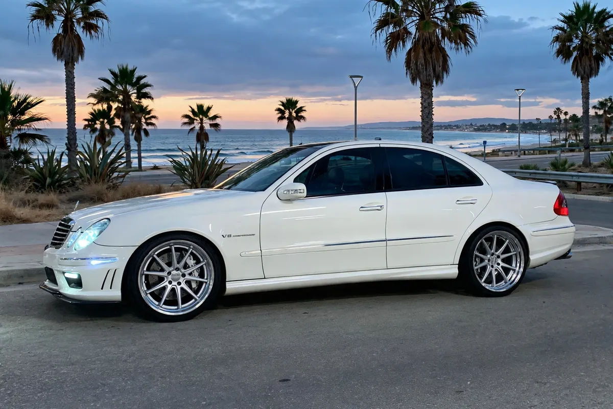 AI-generated view of a 2003 Mercedes-Benz E55 AMG with Work Gnosis CV201 wheels