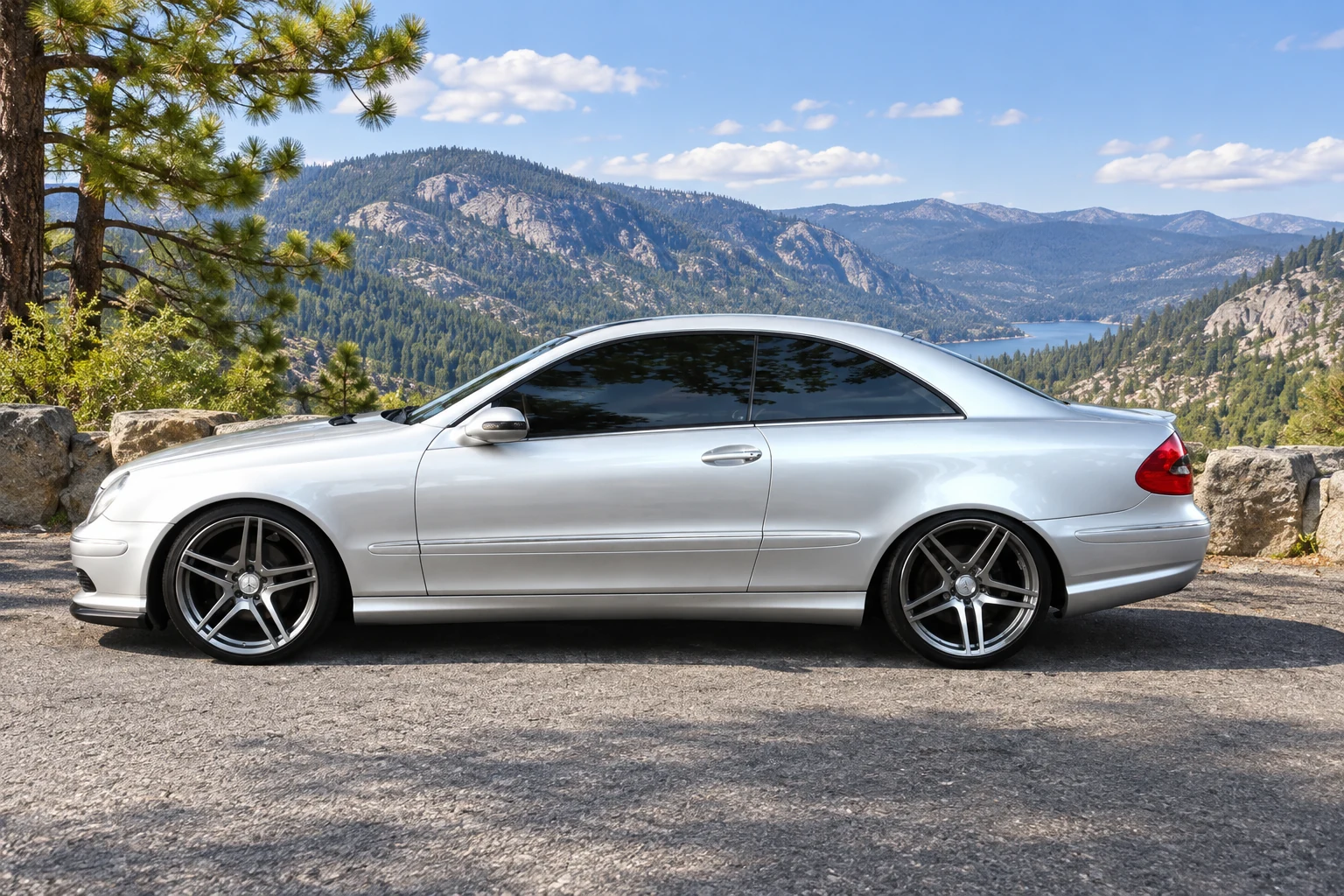 AI-generated view of a 2004 Mercedes-Benz CLK320 Coupe with Mercedes-Benz AMG Replicas wheels