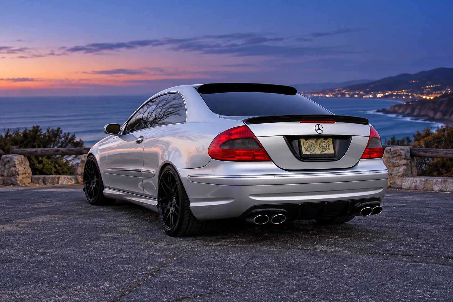AI-generated view of a 2004 Mercedes-Benz CLK320 Coupe with Forgestar F14 wheels