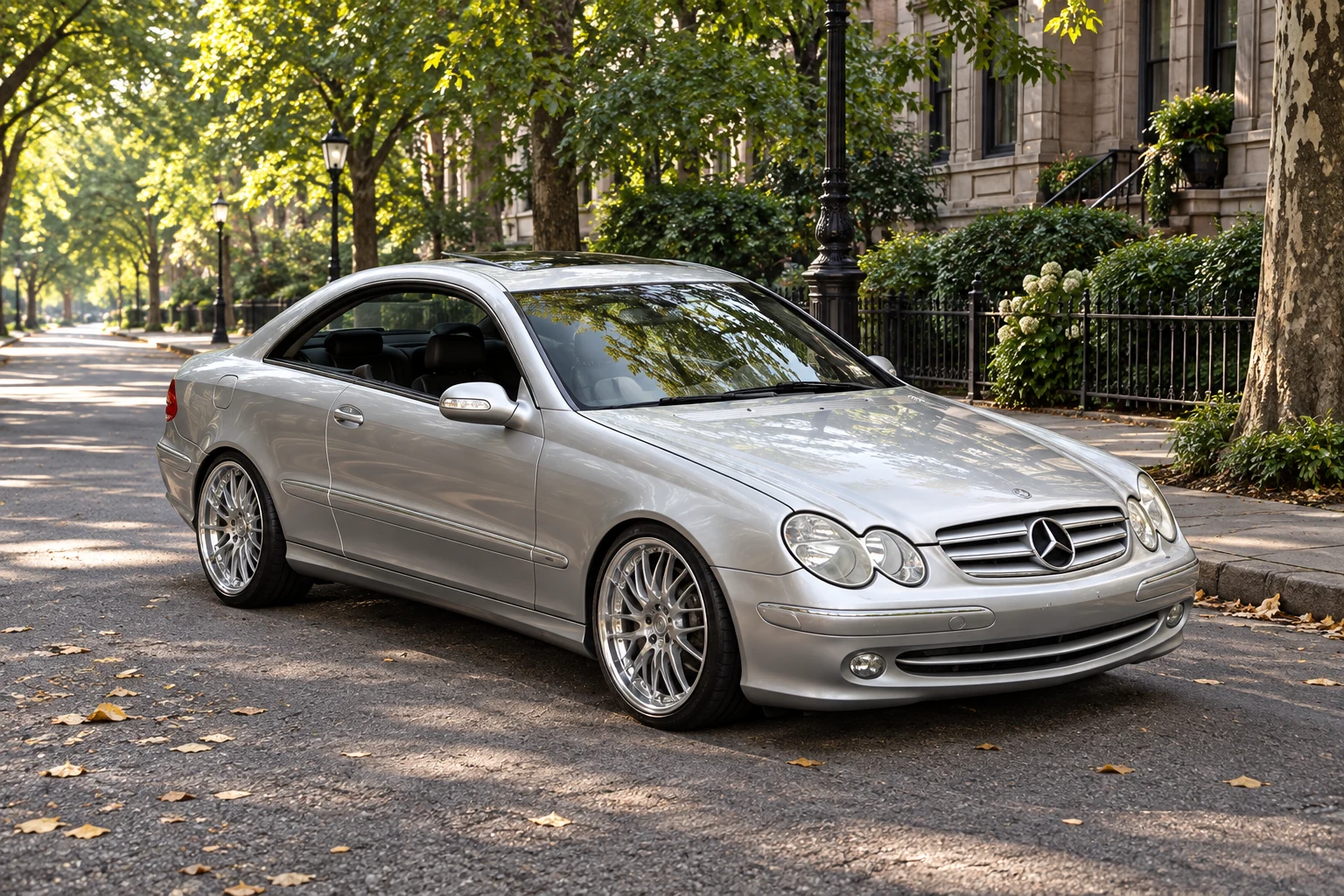 AI-generated view of a 2004 Mercedes-Benz CLK320 Coupe with MRR GT1 wheels