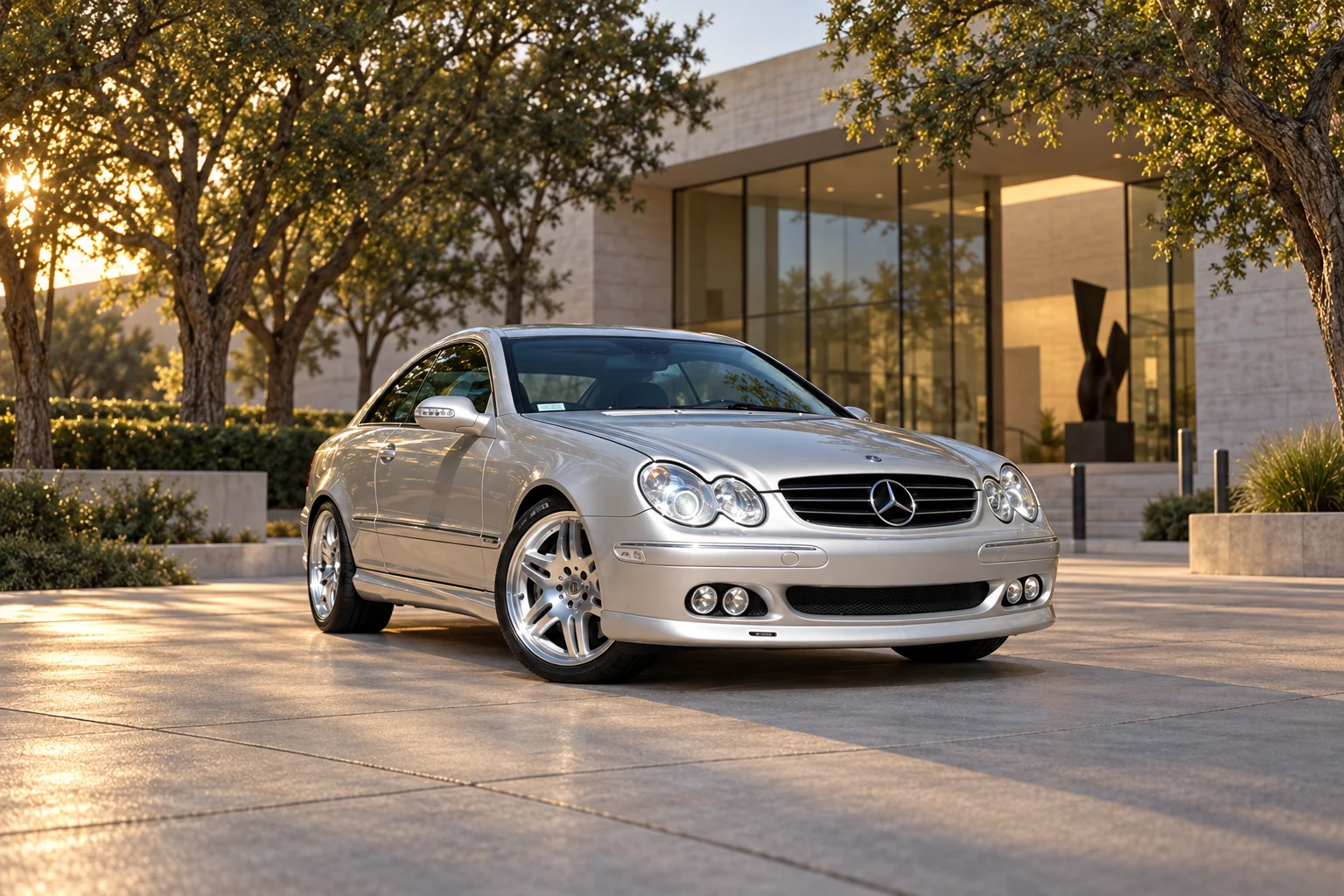 AI-generated view of a 2004 Mercedes-Benz CLK500 Coupe with Brabus Monoblock VI 1-Piece wheels