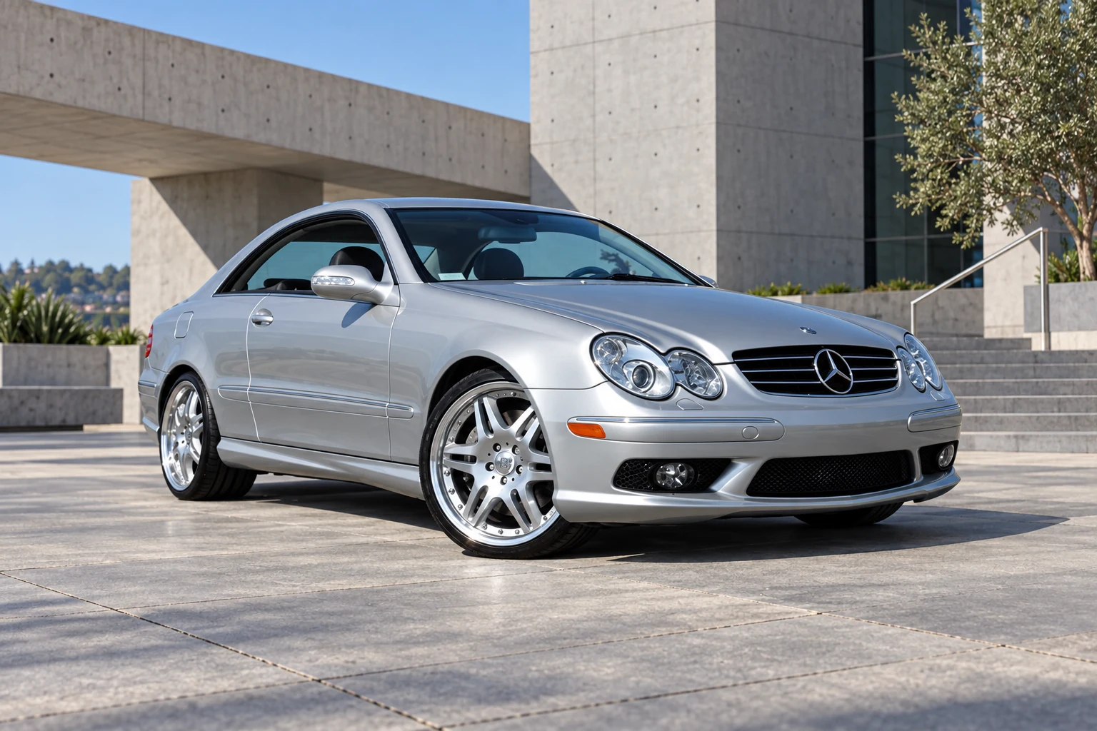 AI-generated view of a 2004 Mercedes-Benz CLK500 Coupe with Brabus Monoblock VI 2-Piece wheels