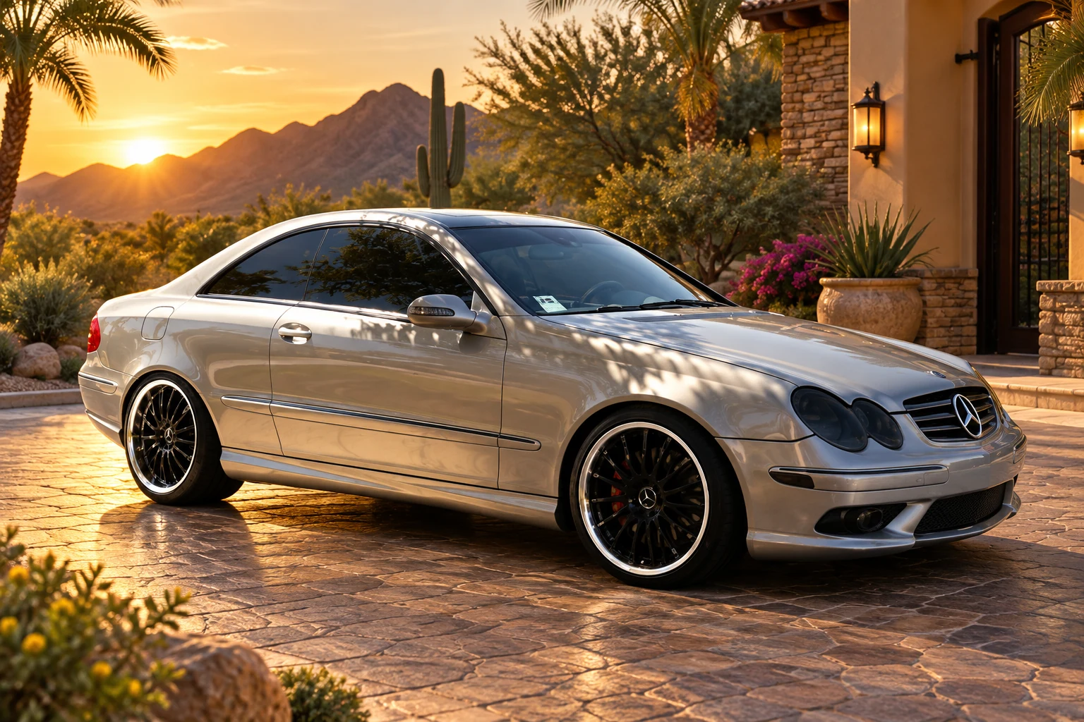 AI-generated view of a 2004 Mercedes-Benz CLK500 Coupe with Mandrus Millennium wheels
