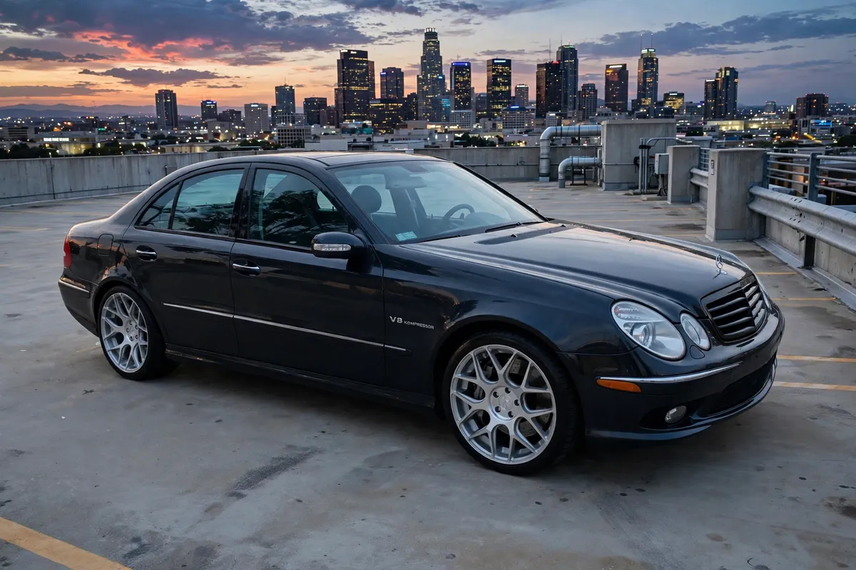 AI-generated view of a 2004 Mercedes-Benz E55 AMG with Avant Garde M590 wheels
