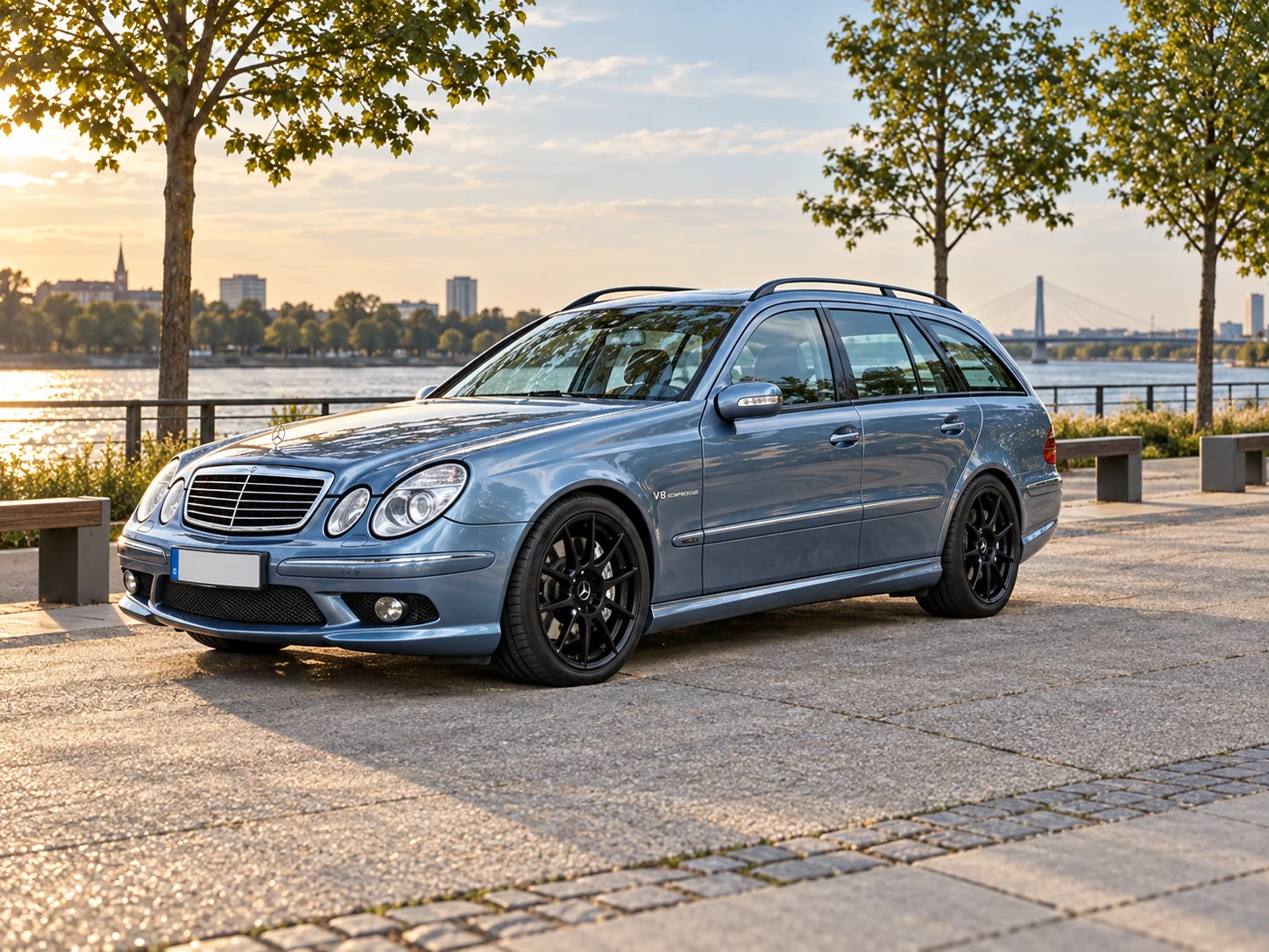 AI-generated view of a 2004 Mercedes-Benz E55 AMG Wagon with ATS Racelight wheels