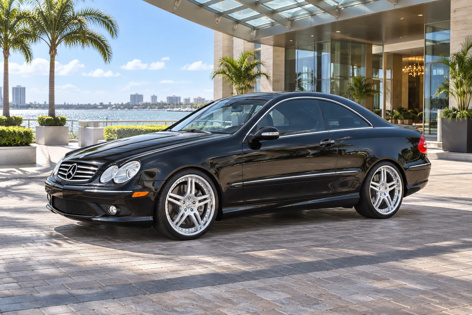AI-generated view of a 2006 Mercedes-Benz CLK500 Coupe with Modulare M11c 3-Piece wheels