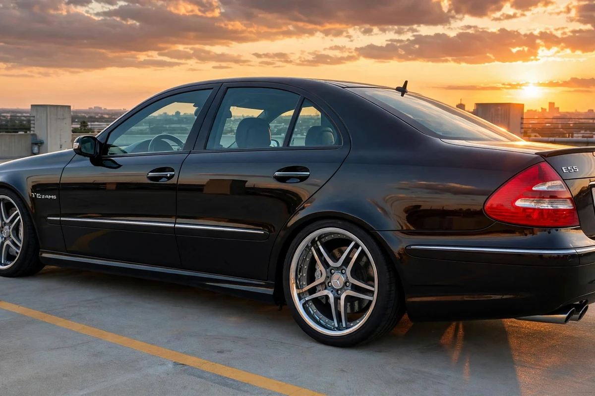 AI-generated view of a 2006 Mercedes-Benz E55 AMG with Euro26 Monarch Replica wheels