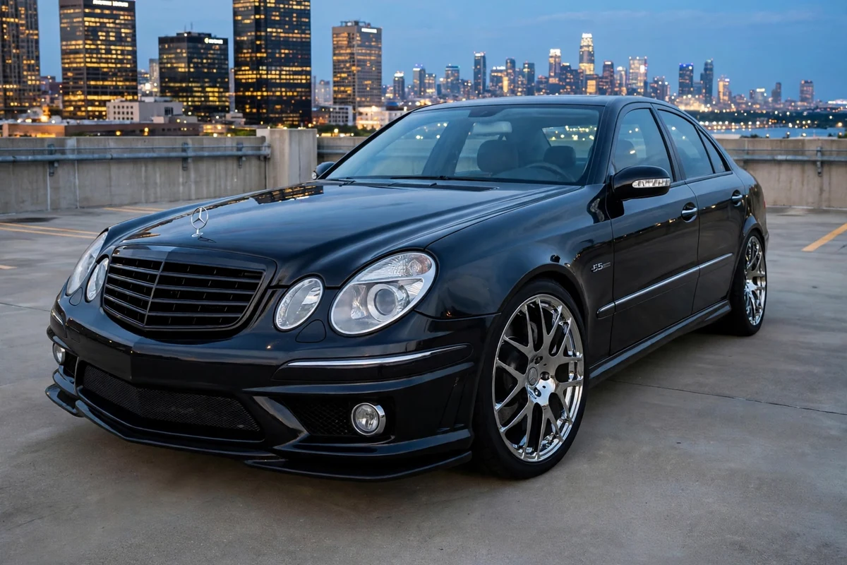 AI-generated view of a 2006 Mercedes-Benz E55 AMG with HRE M40 wheels