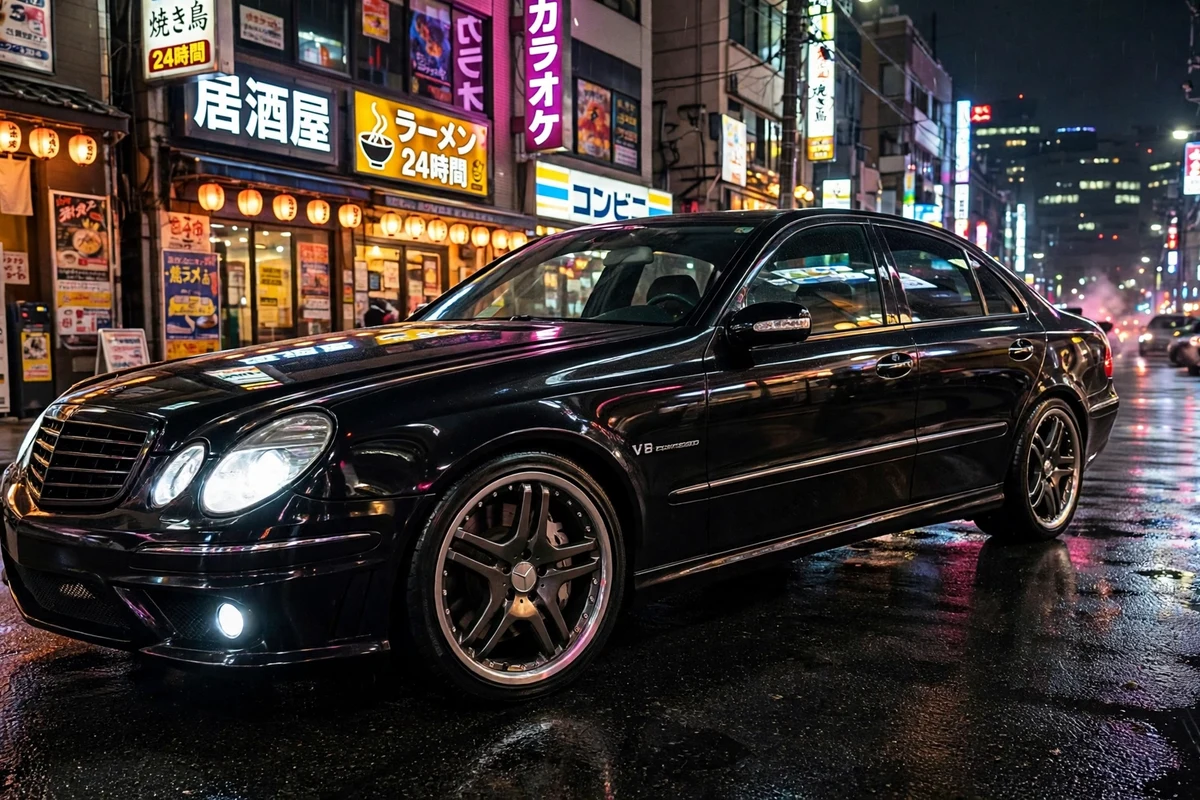 AI-generated view of a 2006 Mercedes-Benz E55 AMG with S65 Reps N/A wheels
