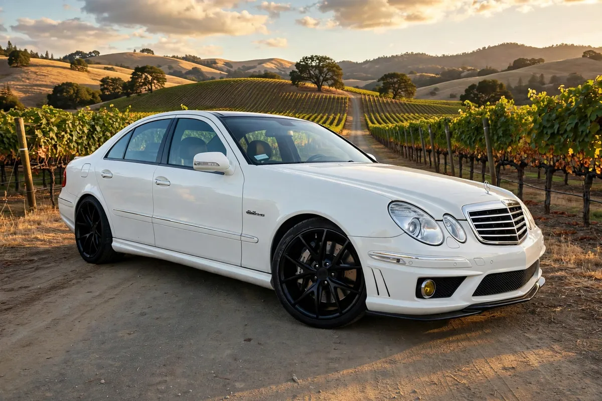 AI-generated view of a 2007 Mercedes-Benz E63 AMG with Niche Misano wheels