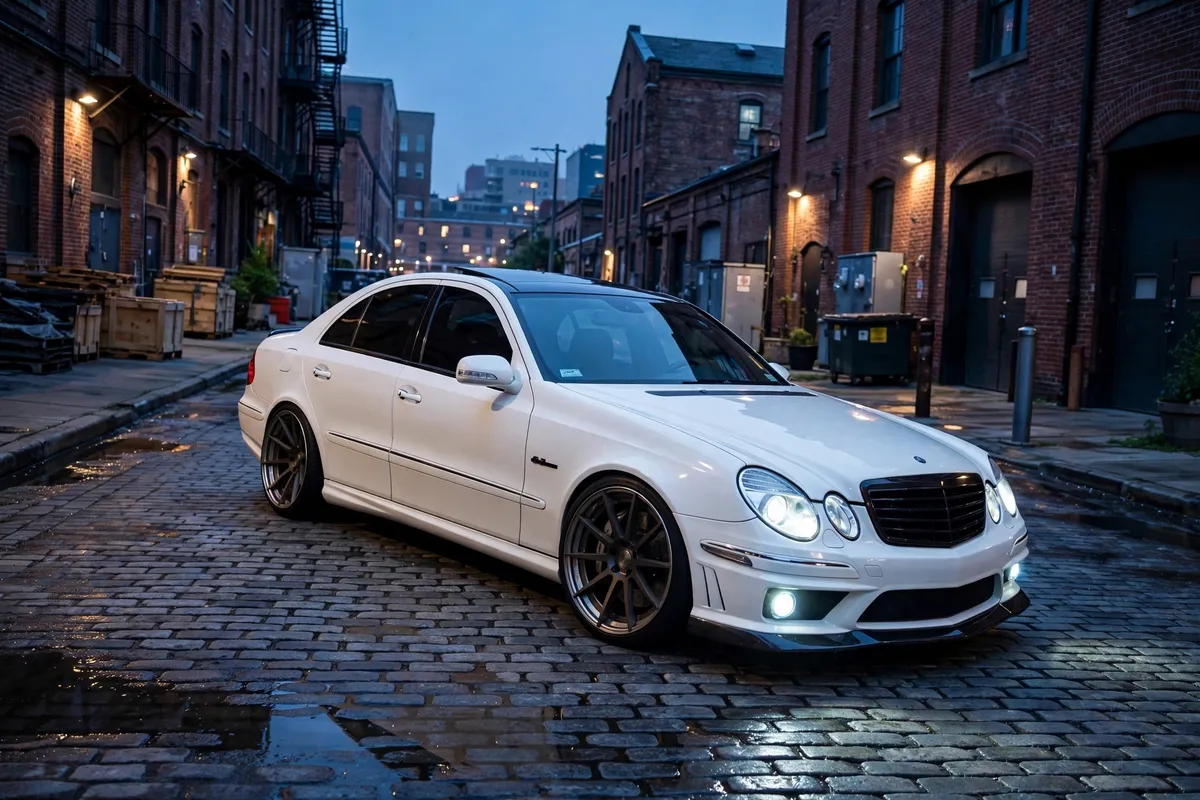 AI-generated view of a 2008 Mercedes-Benz E63 AMG with BC Forged HC10 wheels