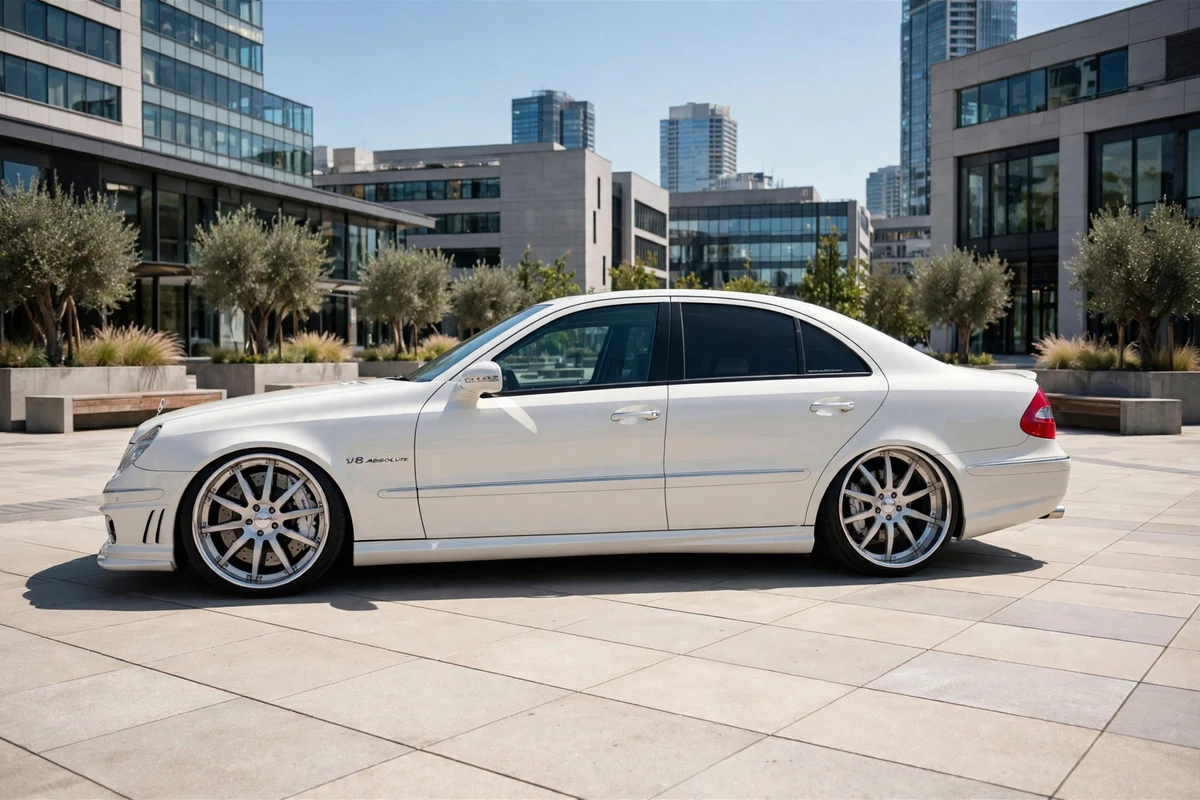 AI-generated view of a 2009 Mercedes-Benz E350 with AGIO Absolute TSK wheels