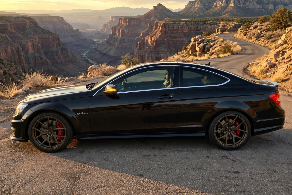 AI-generated view of a 2012 Mercedes-Benz C63 AMG Coupe with Vorsteiner VSC-101 wheels