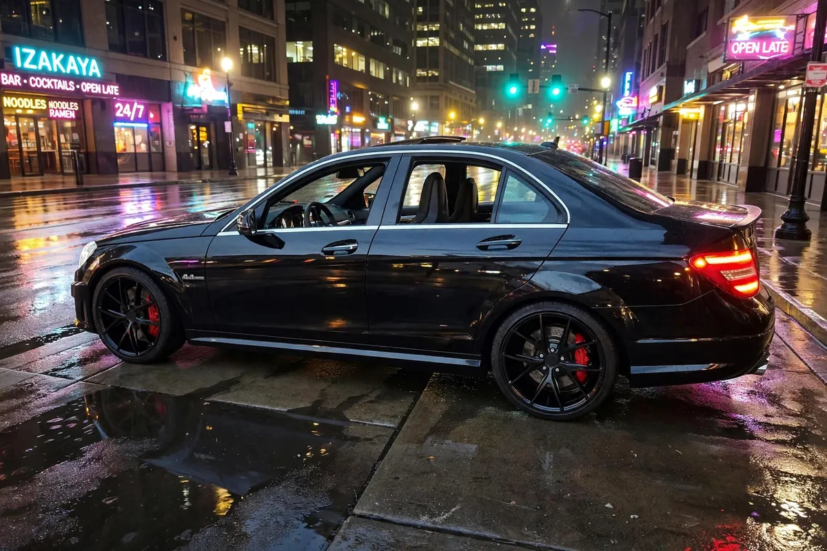 AI-generated view of a 2013 Mercedes-Benz C63 AMG with Niche Misano M117 wheels
