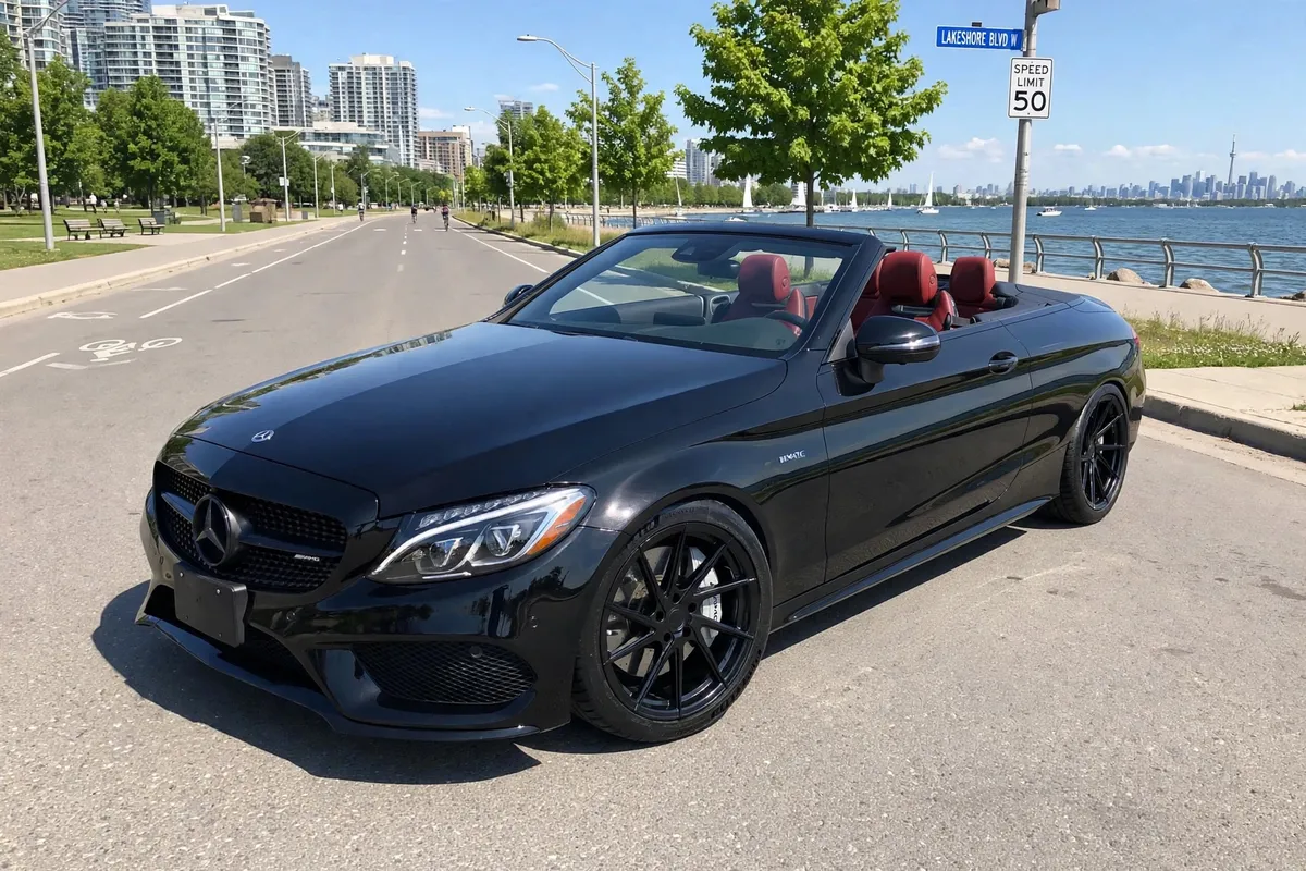AI-generated view of a 2017 Mercedes-Benz C43 AMG Cabriolet with Stance SF01 wheels