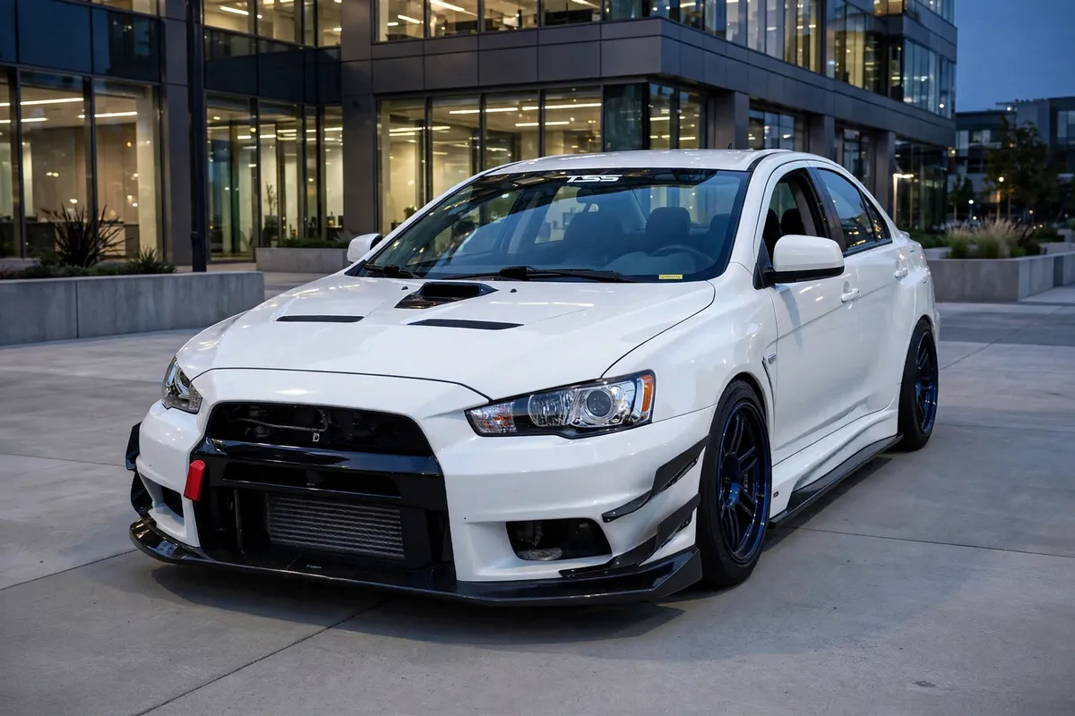 AI-generated view of a 2012 Mitsubishi Lancer Evolution X GSR with AME TM02 wheels