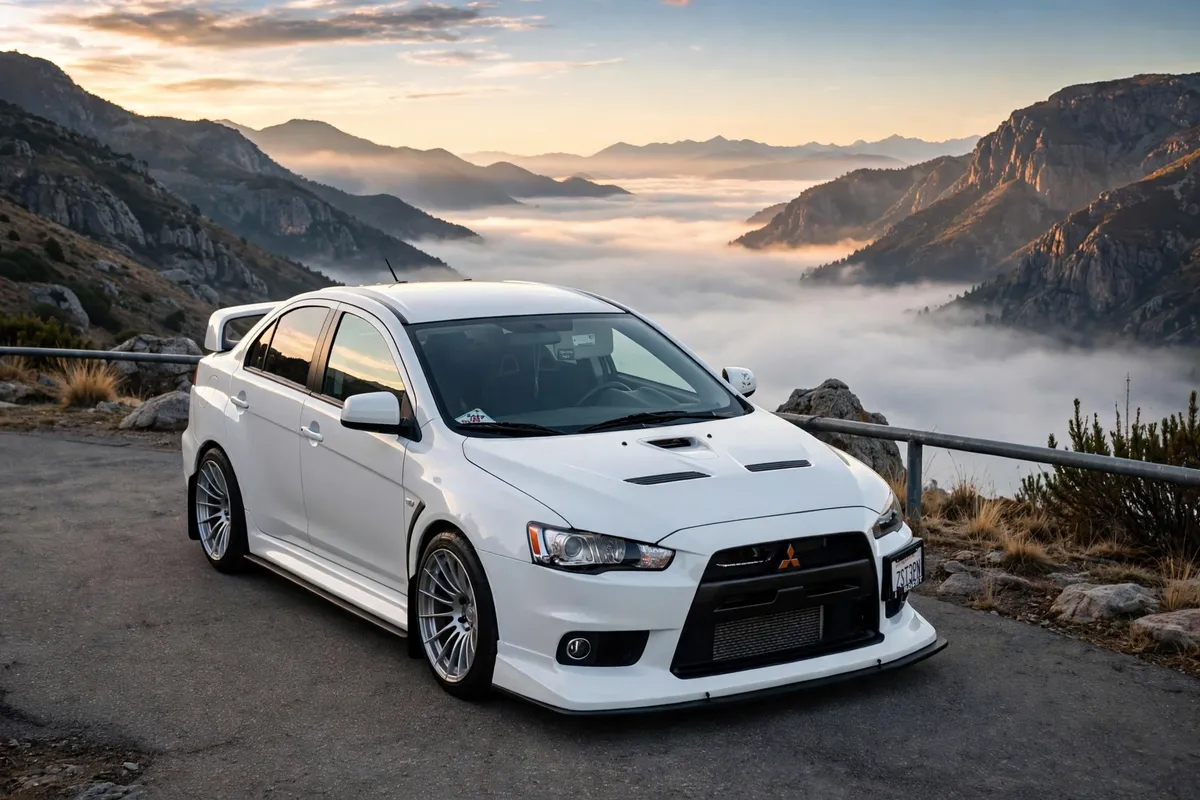 AI-generated view of a 2013 Mitsubishi Lancer Evolution with Enkei RS05RR wheels