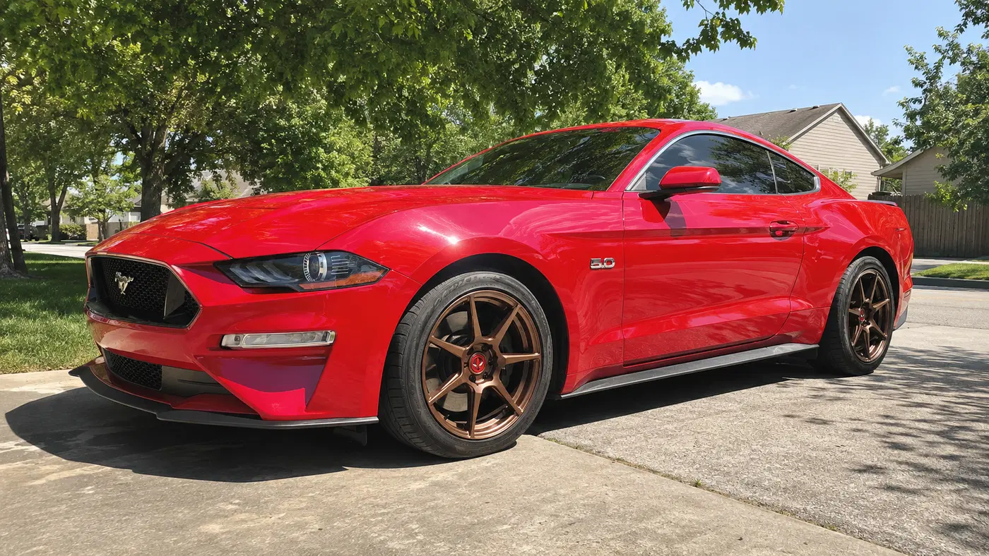 AI-generated view of a 2020 Ford Mustang GT with Enkei N/A wheels