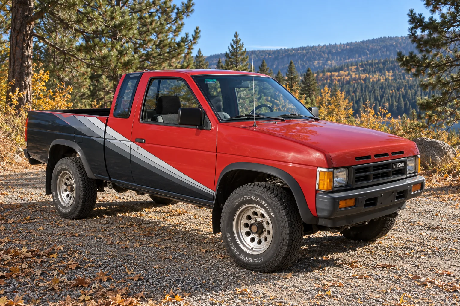 AI-generated view of a 1986 Nissan D21 Hardbody SE-V6 King Cab 4x4 with American Racing AR62 Outlaw II wheels