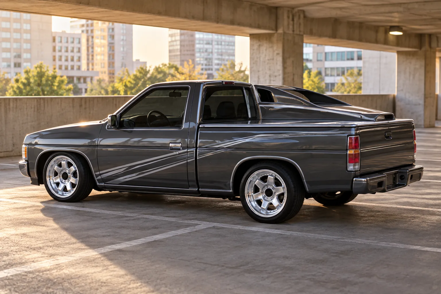 AI-generated view of a 1993 Nissan D21 Hardbody with Nismo Titan wheels