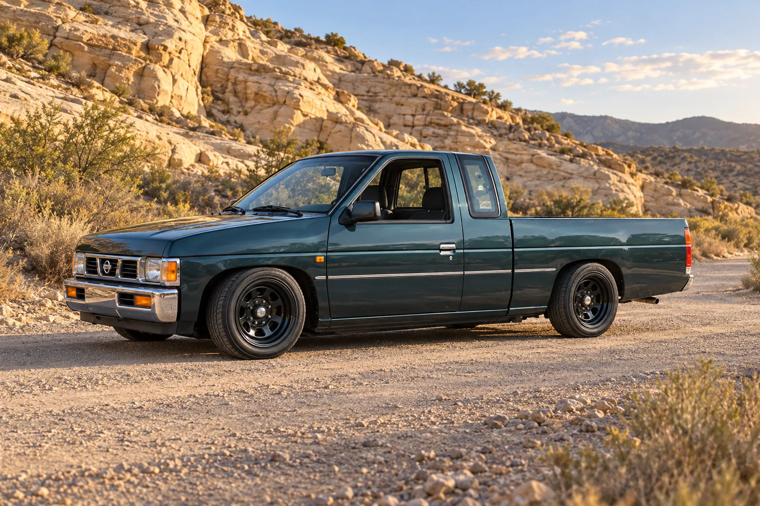 AI-generated view of a 1994 Nissan D21 Hardbody King Cab with Pro Comp D-Window wheels