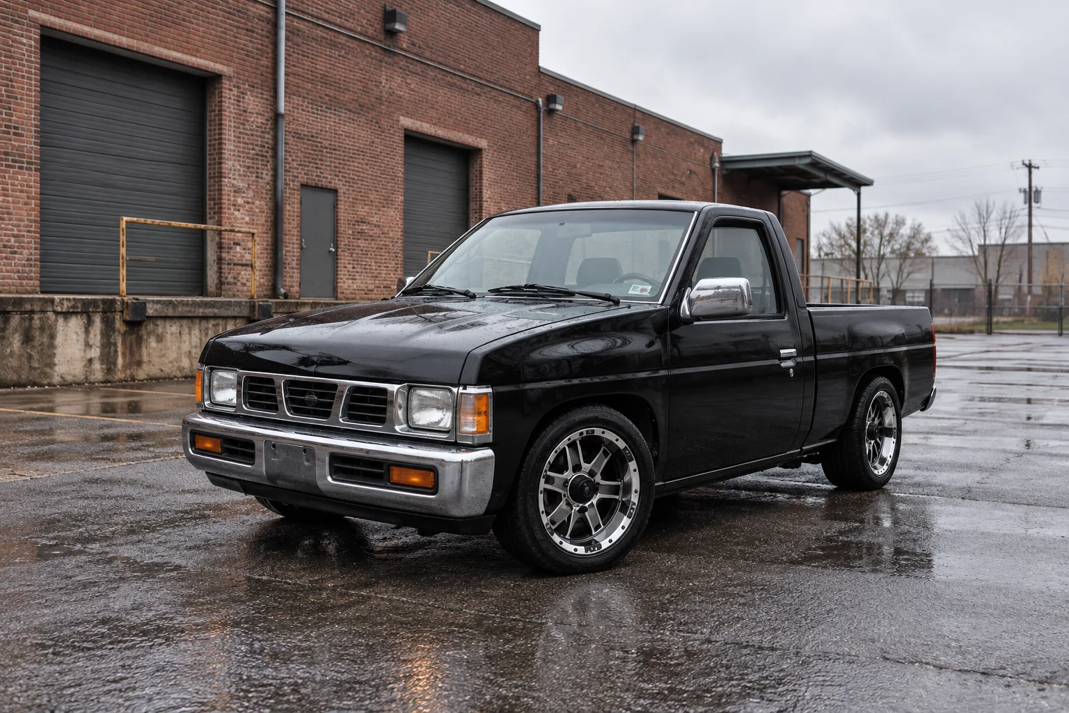 AI-generated view of a 1995 Nissan D21 Hardbody with American Racing Black Element wheels