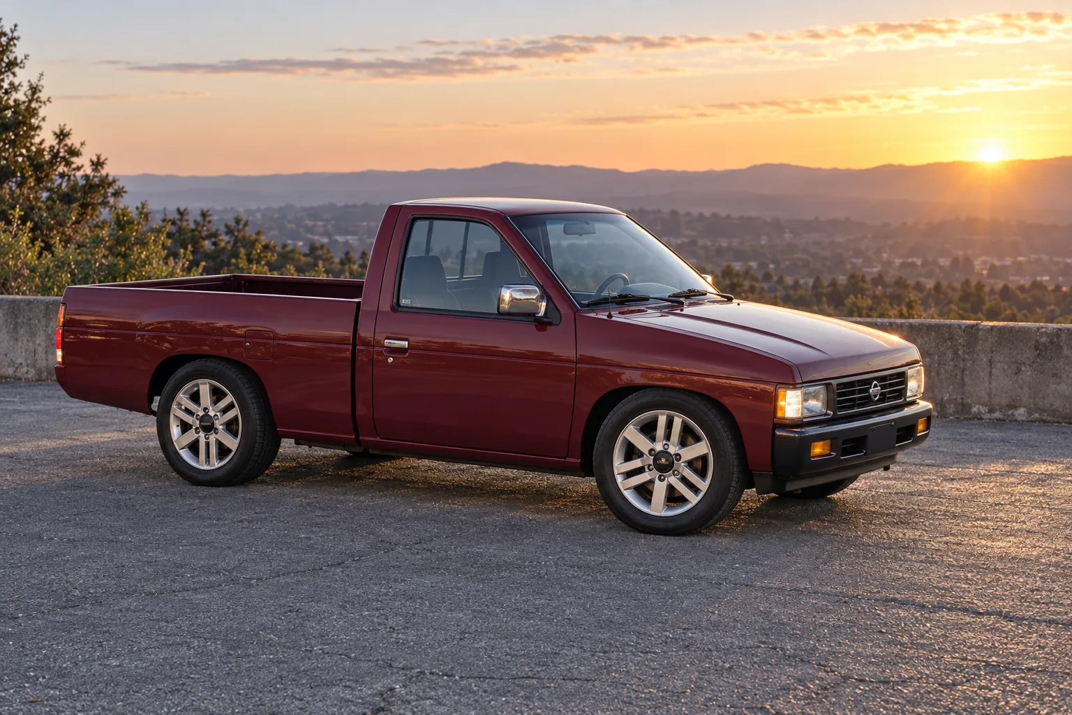 AI-generated view of a 1995 Nissan D21 Hardbody with Isuzu Axiom OEM wheels