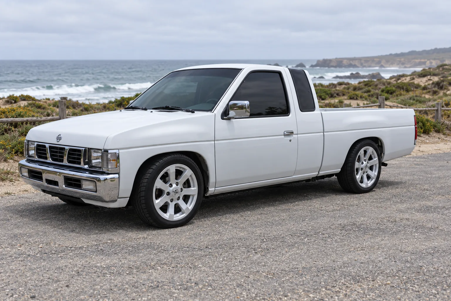 AI-generated view of a 1996 Nissan D21 Hardbody with Nissan Titan Pro-X OEM wheels