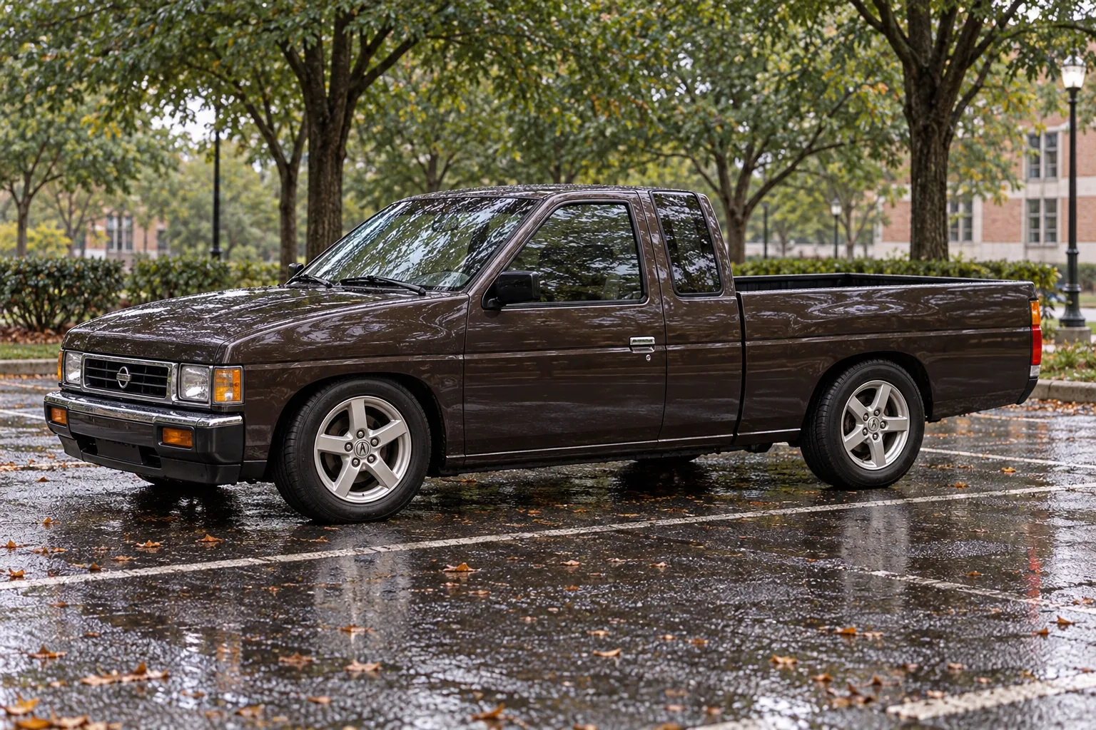 AI-generated view of a 1997 Nissan D21 Hardbody King Cab with Acura RSX OEM wheels