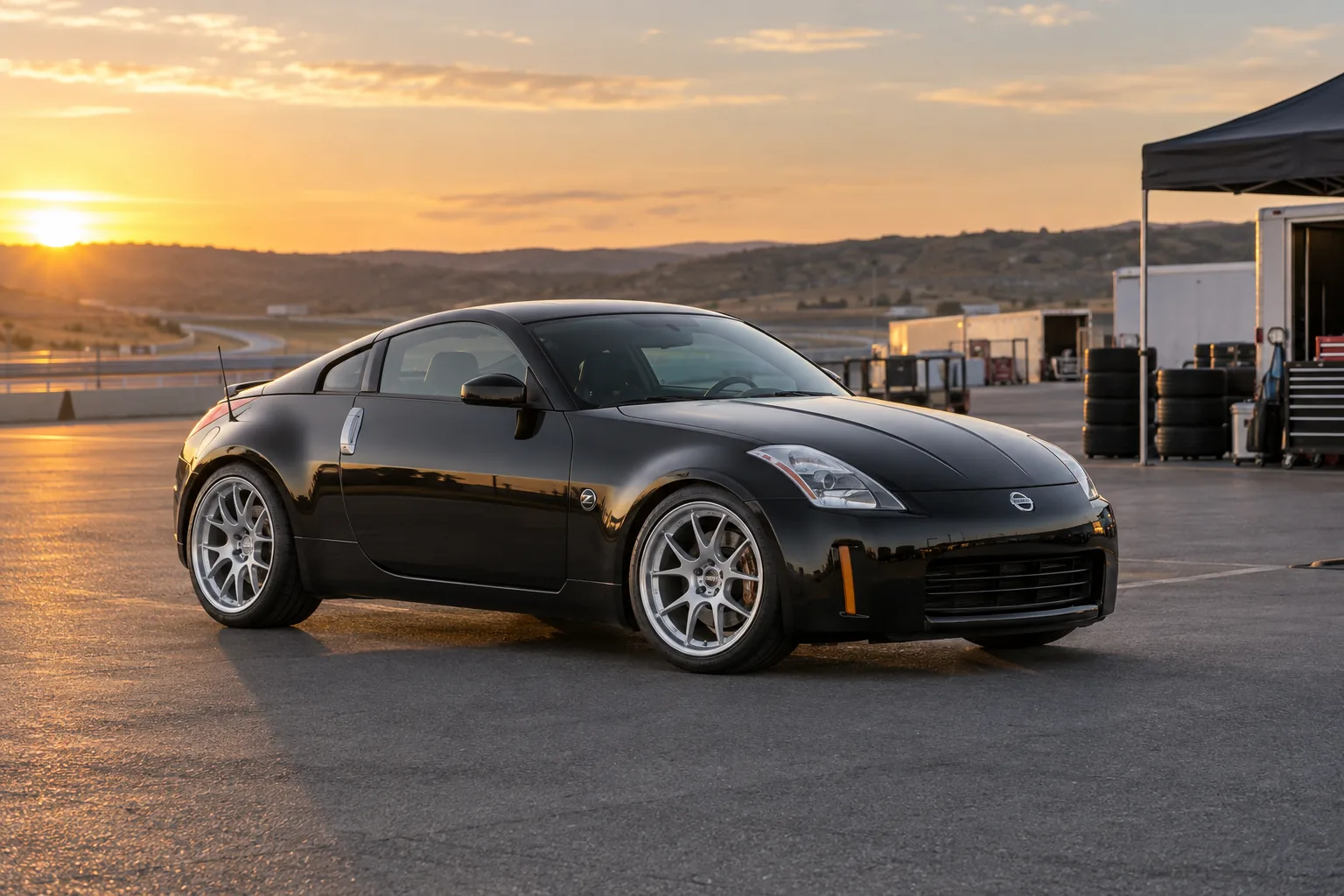 AI-generated view of a 2003 Nissan 350Z with Racing Sparco D-Spec Stage II wheels