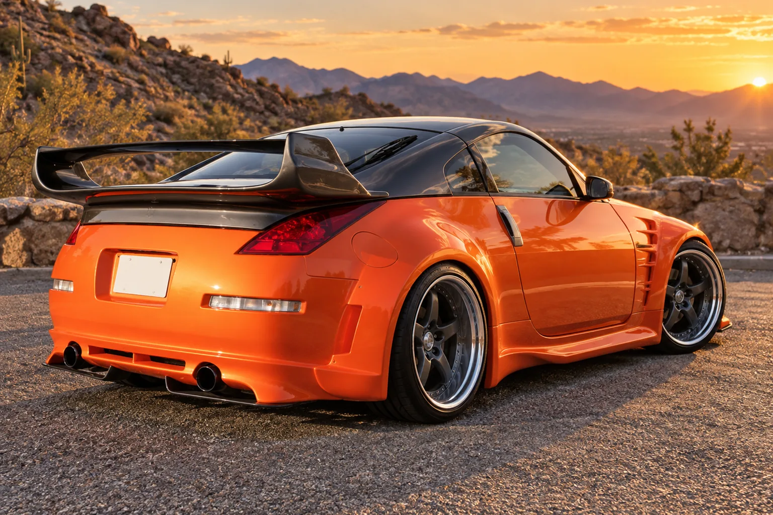AI-generated view of a 2003 Nissan 350Z with Veilside Andrew Baccarat wheels