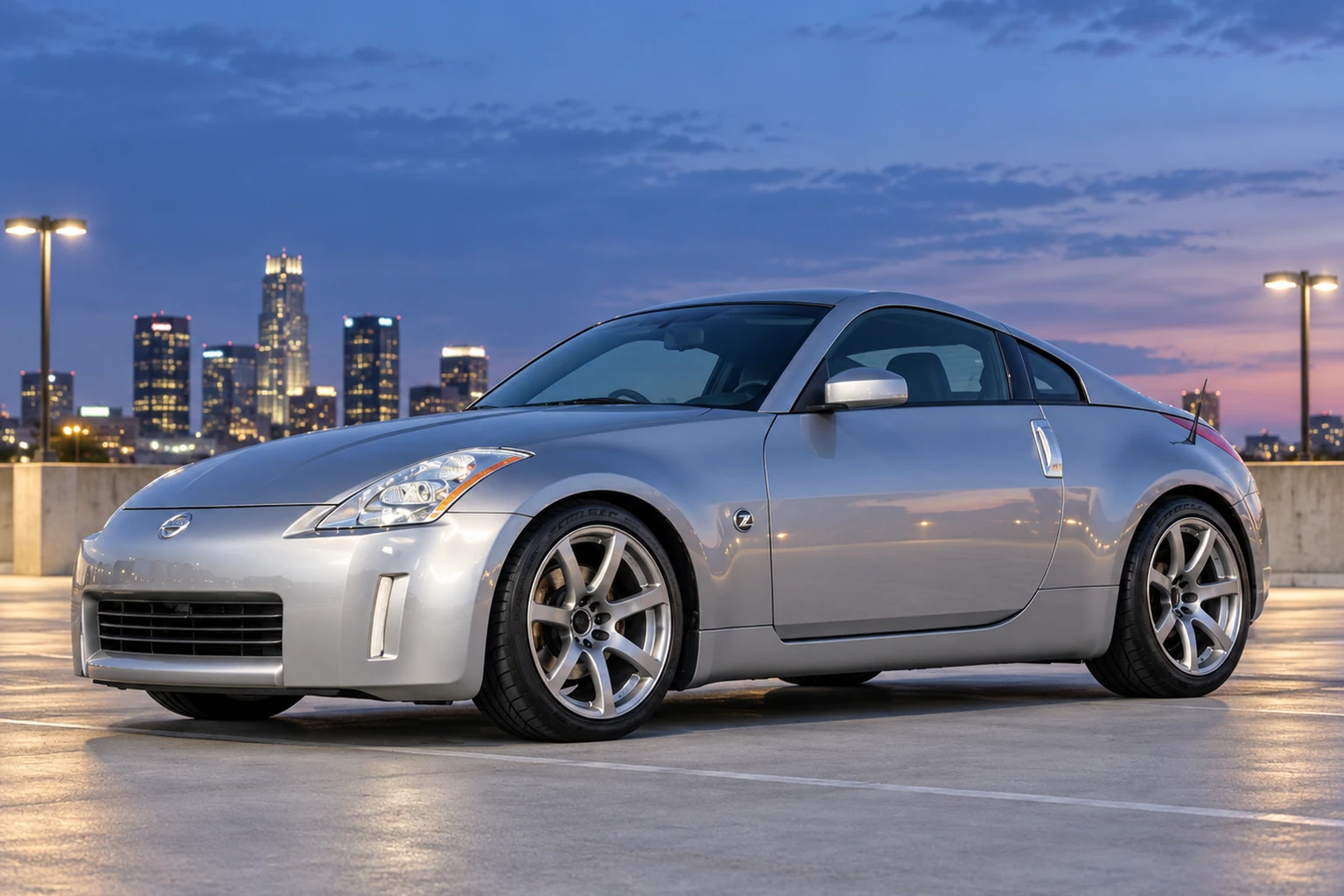 AI-generated view of a 2003 Nissan 350Z Performance with Work Emotion XT7 wheels