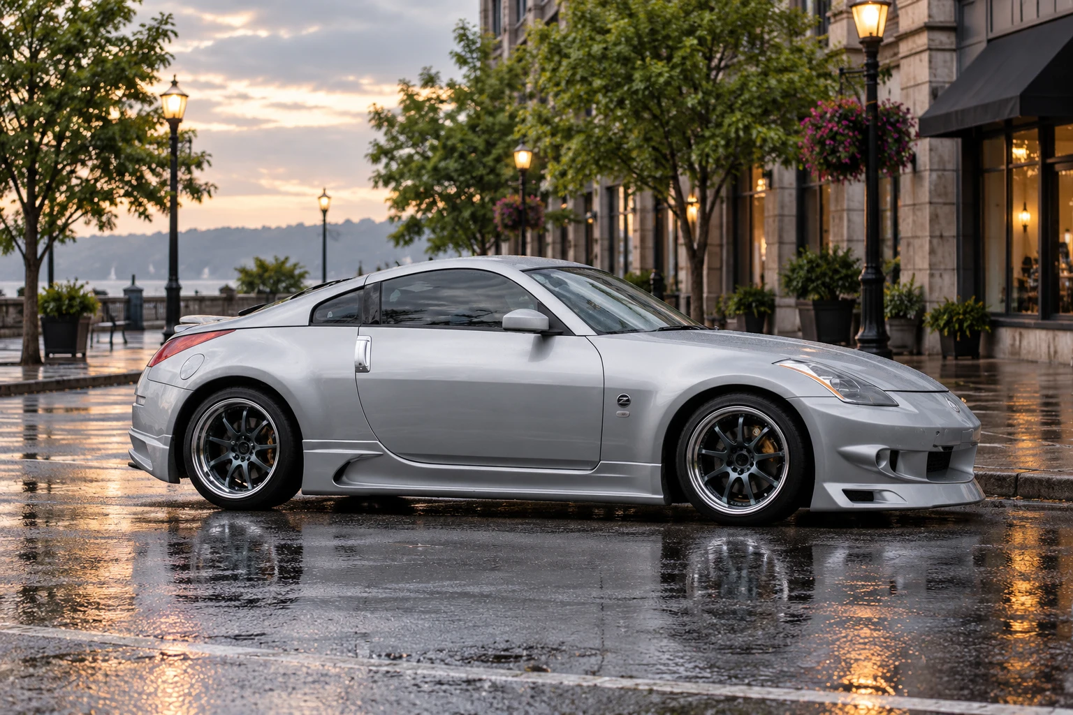 AI-generated view of a 2003 Nissan 350Z with Work XD9 wheels