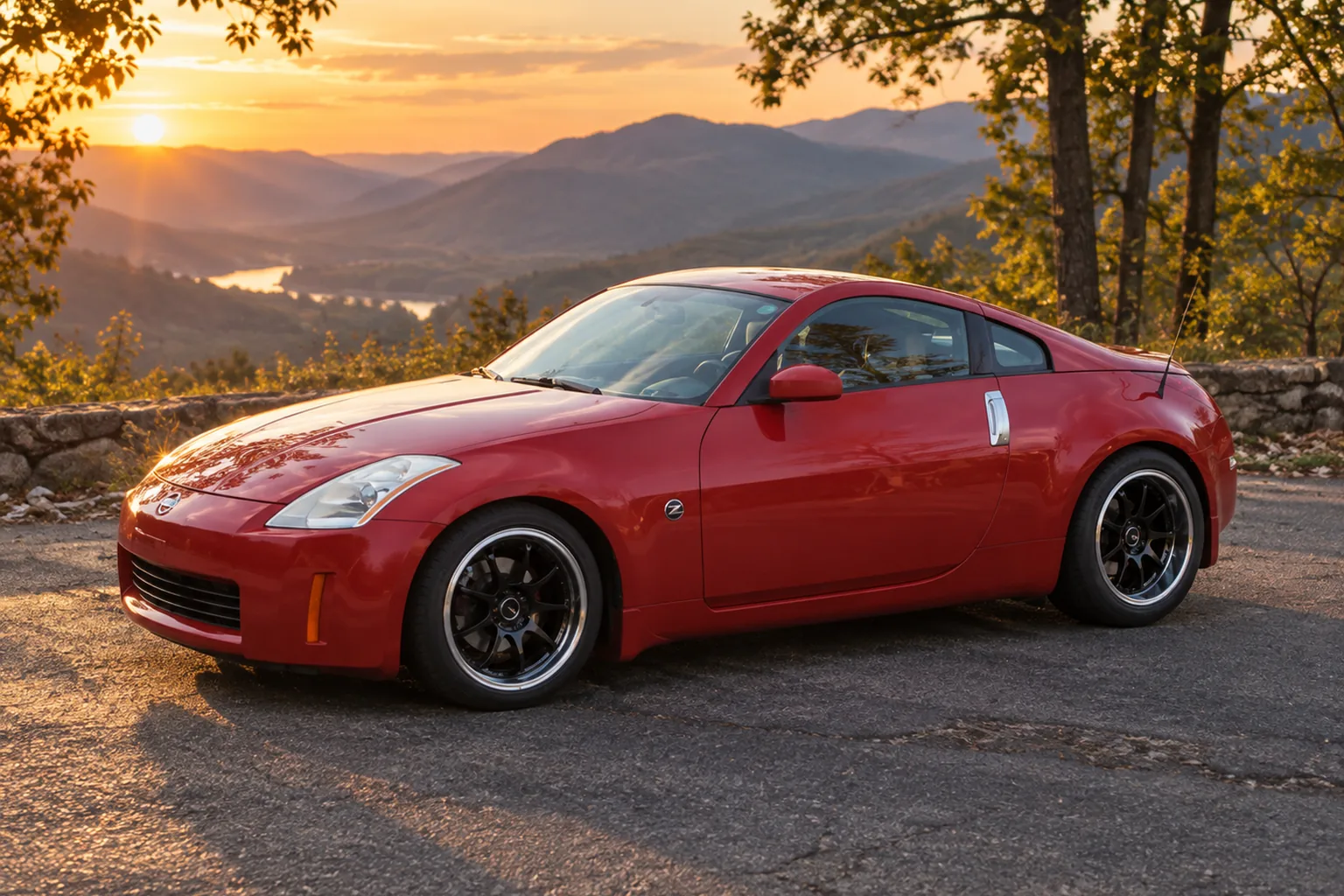 AI-generated view of a 2003 Nissan 350Z Performance with Enkei Tenjin Tuning wheels