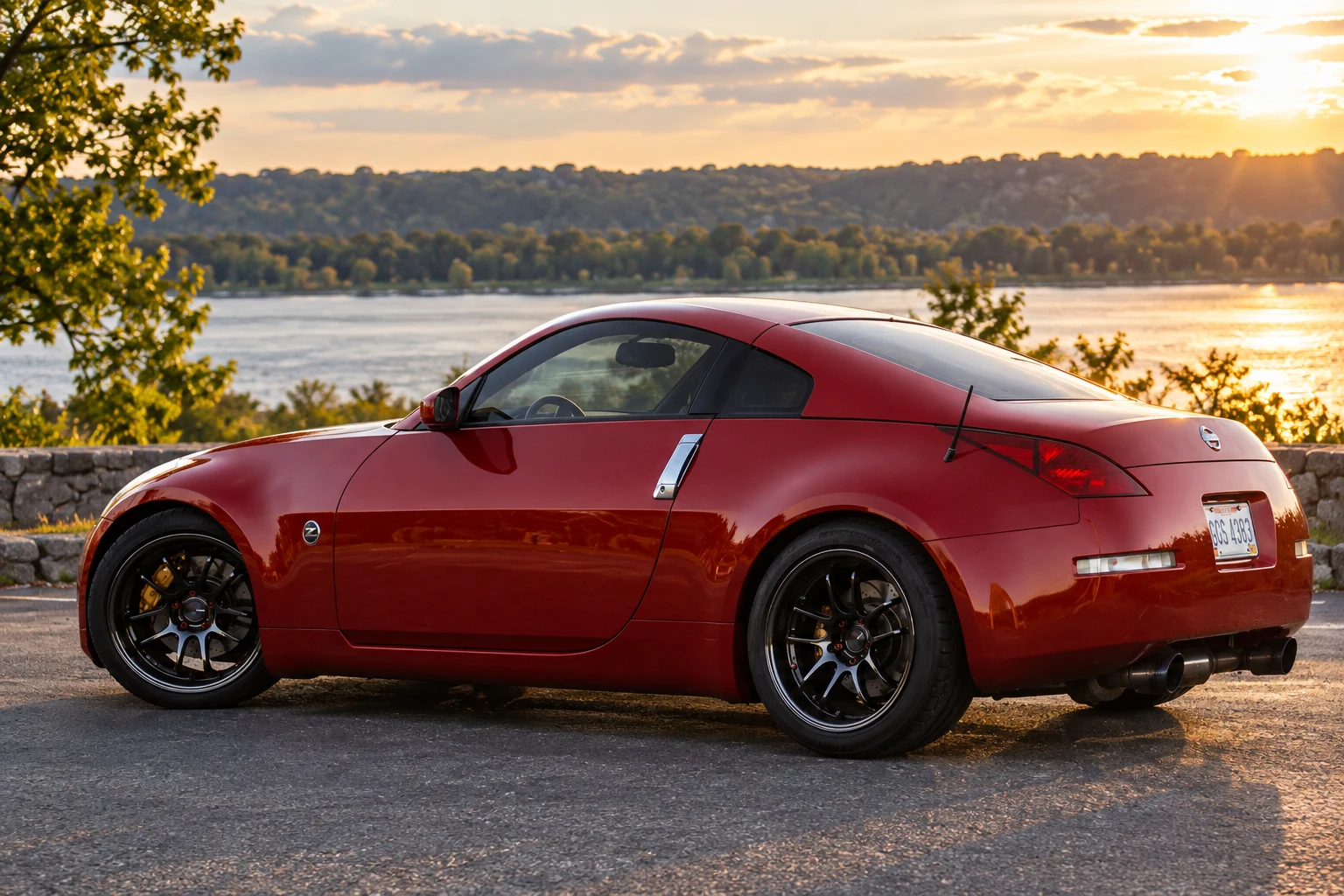 AI-generated view of a 2003 Nissan 350Z with Enkei PF01EVO wheels