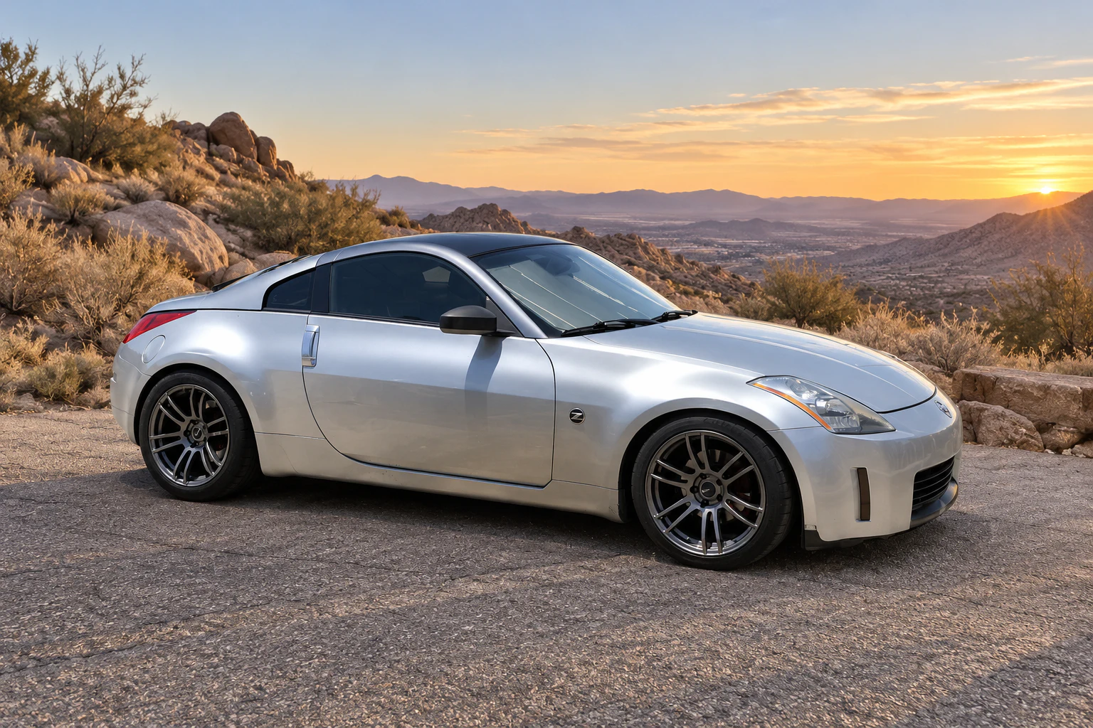 AI-generated view of a 2003 Nissan 350Z Touring with Enkei Tuning TSP6 wheels
