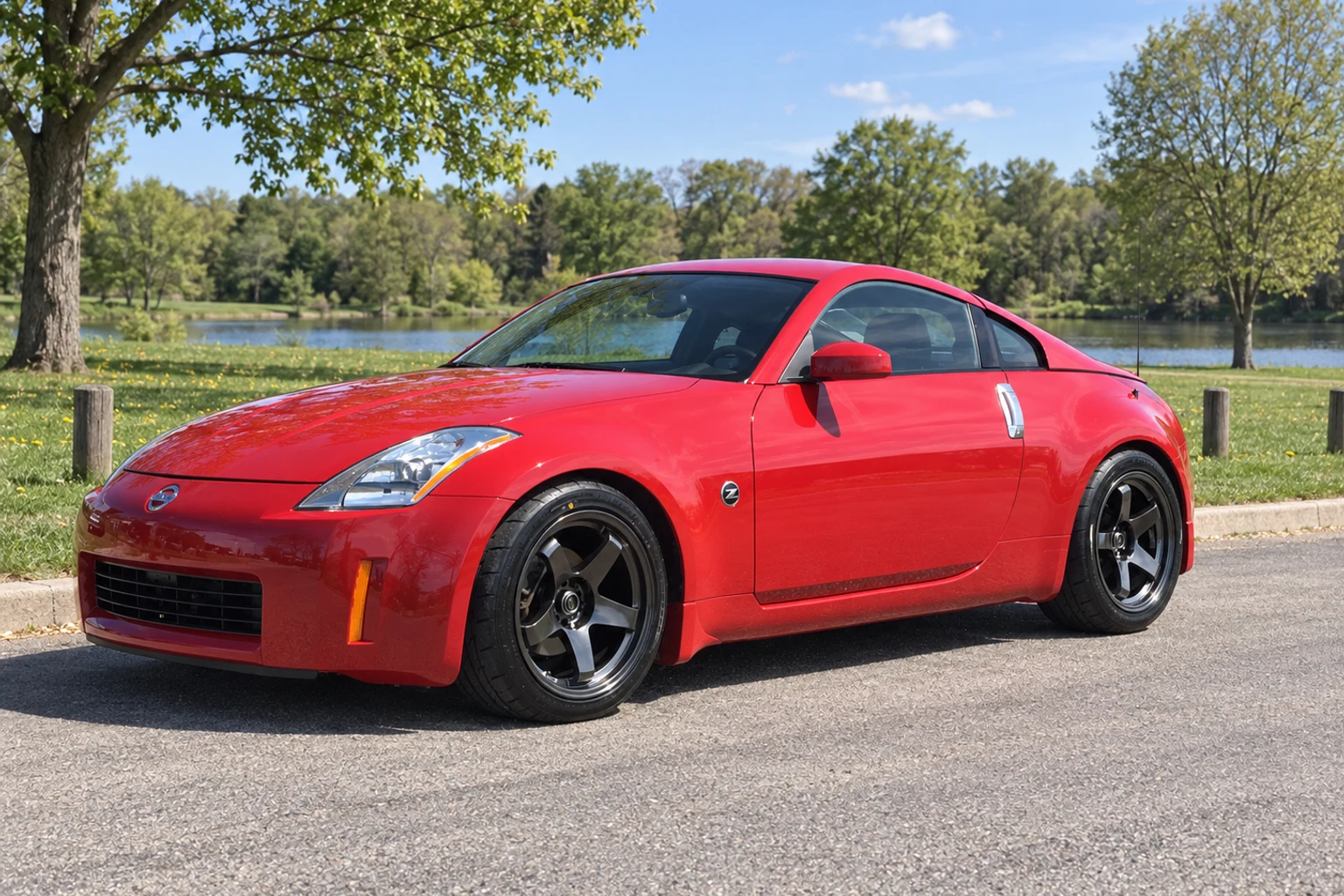AI-generated view of a 2003 Nissan 350Z Touring with Rota P45R wheels