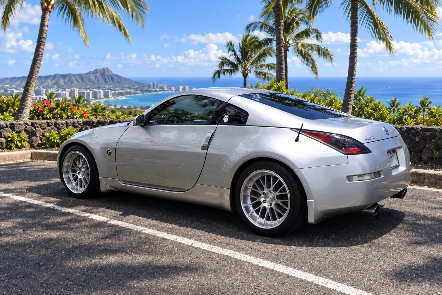 AI-generated view of a 2003 Nissan 350Z Touring with Square Wheels G6 wheels
