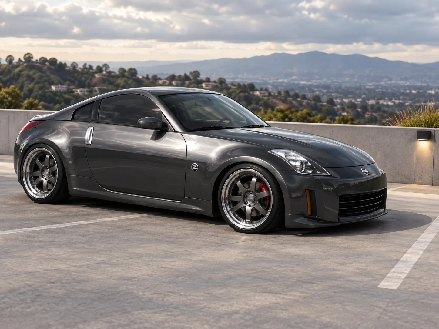 AI-generated view of a 2003 Nissan 350Z Track Edition with Volk GT7 wheels