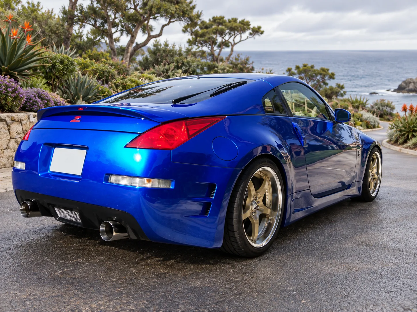 AI-generated view of a 2003 Nissan 350Z Touring with Volk SF Challenge wheels