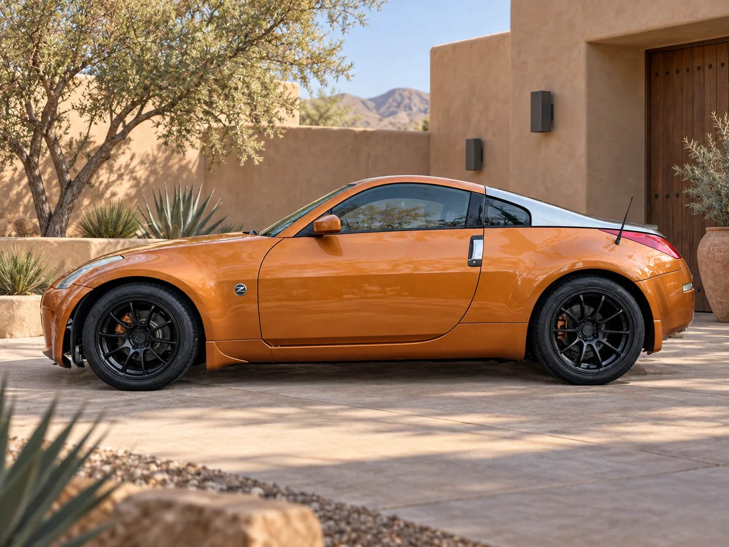 AI-generated view of a 2004 Nissan 350Z Base Coupe with Avid AV-27 wheels