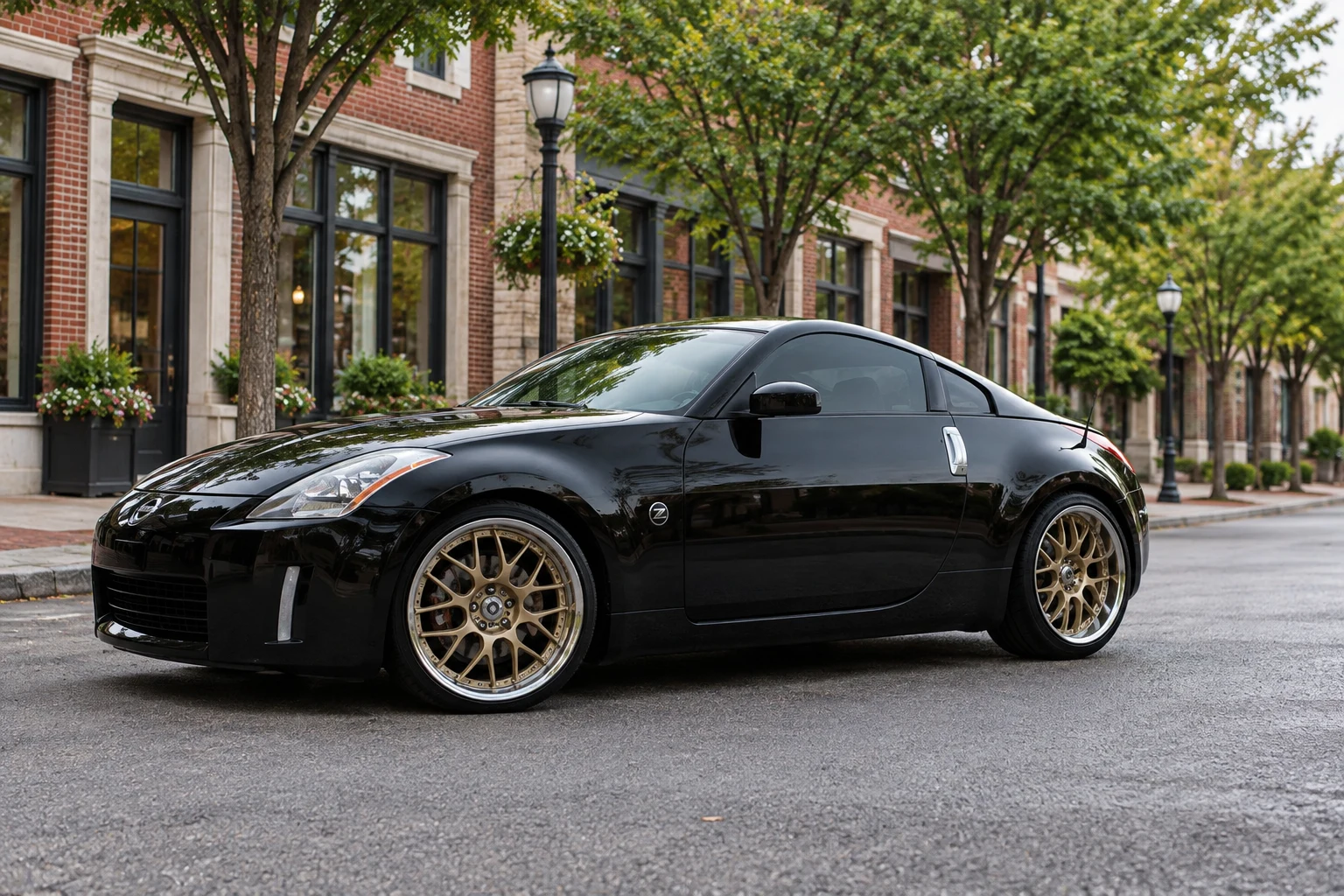 AI-generated view of a 2004 Nissan 350Z Performance with Volk Racing SF-Winning wheels