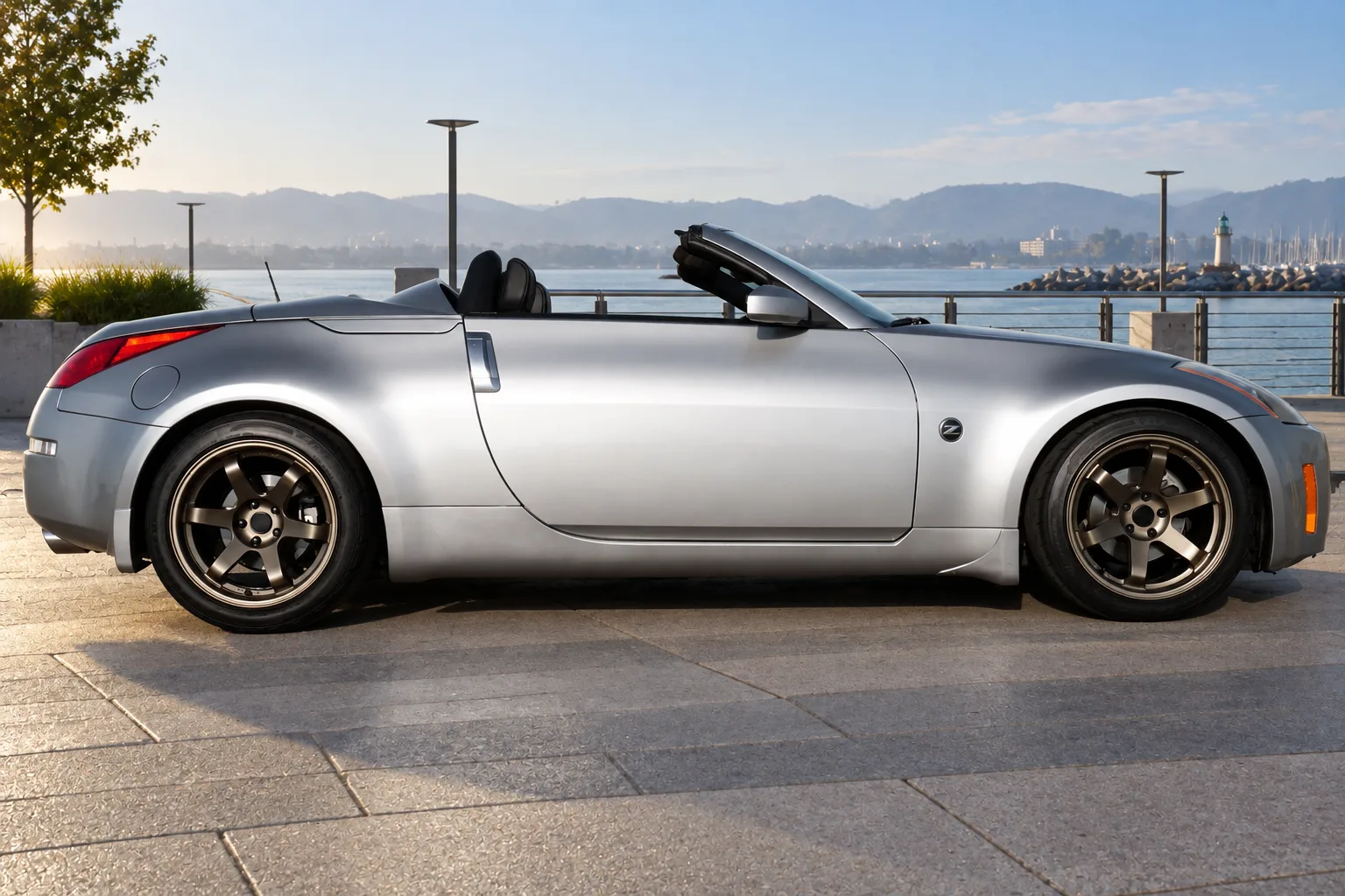 AI-generated view of a 2004 Nissan 350Z Roadster with AVID.1 AV.06 wheels