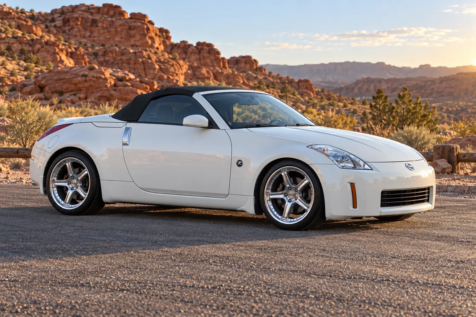 AI-generated view of a 2004 Nissan 350Z Roadster with Maya GR5 wheels