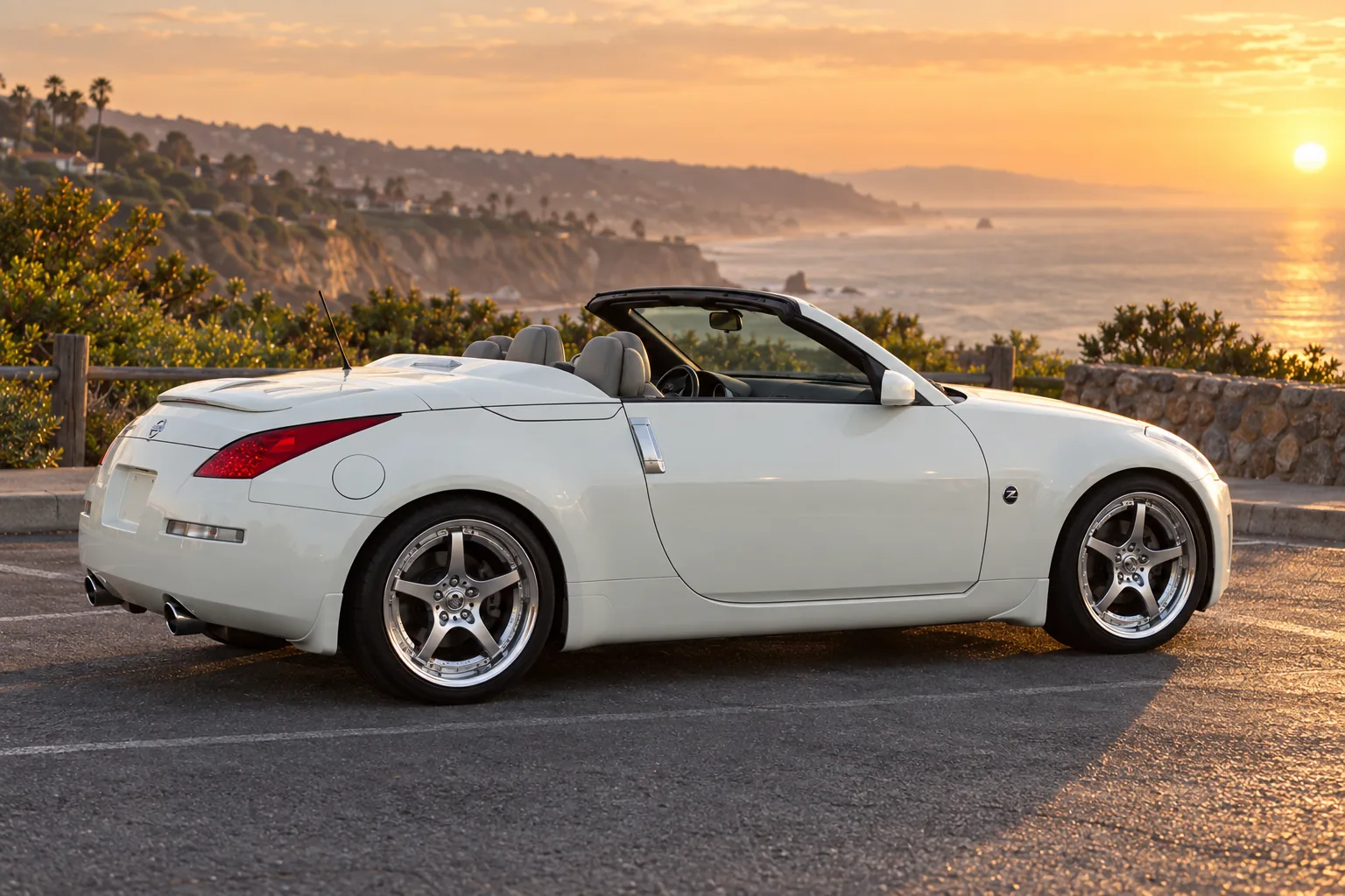 AI-generated view of a 2004 Nissan 350Z Roadster with Volk Racing SF Challenge wheels