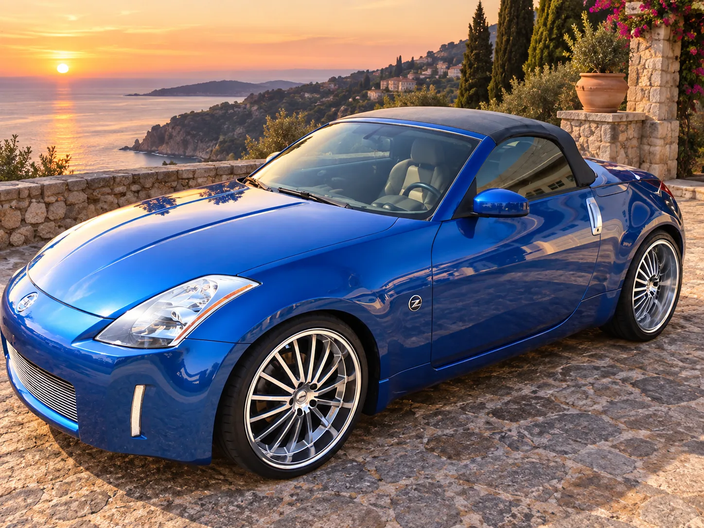 AI-generated view of a 2004 Nissan 350Z Touring Roadster with TSW Sakata wheels
