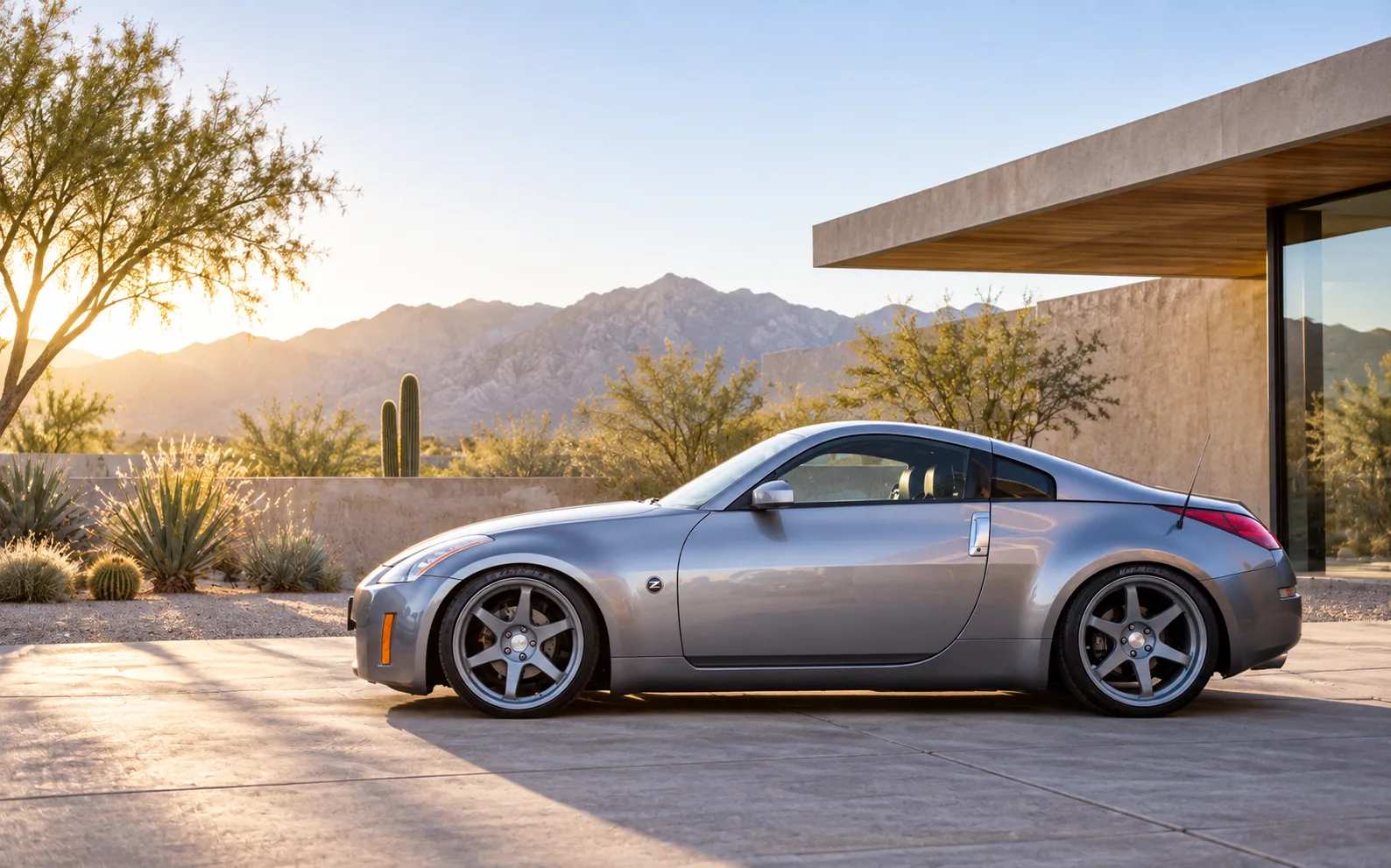 AI-generated view of a 2004 Nissan 350Z Touring with Varrstoen ES2 wheels