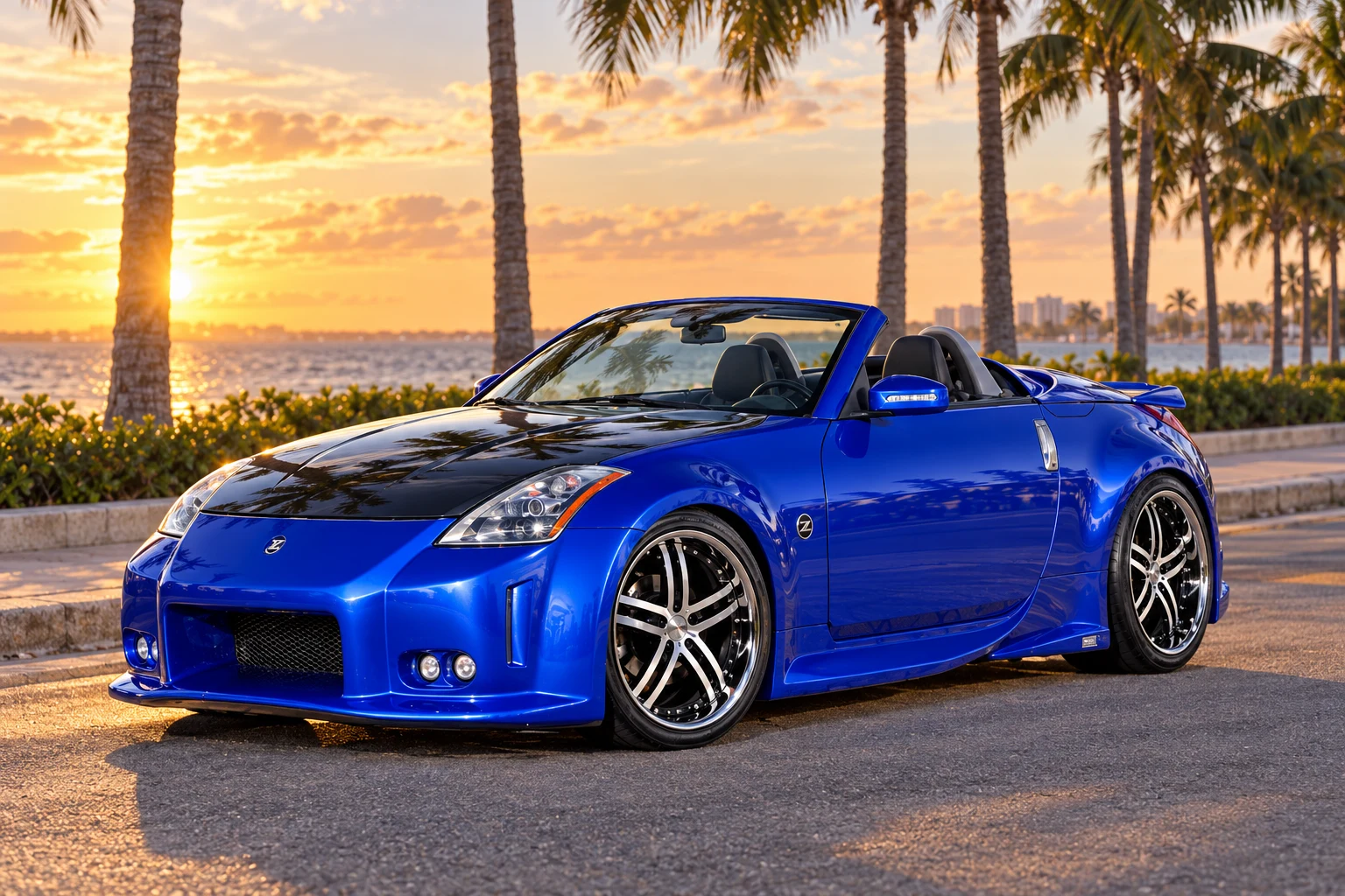 AI-generated view of a 2005 Nissan 350Z Grand Touring Roadster with Vossen VVS085 wheels