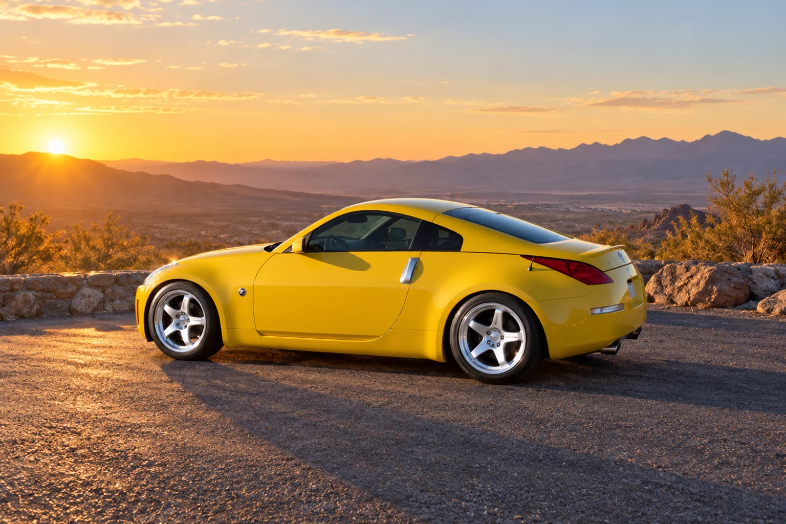 AI-generated view of a 2005 Nissan 350Z Touring with Nismo LMGT4 wheels