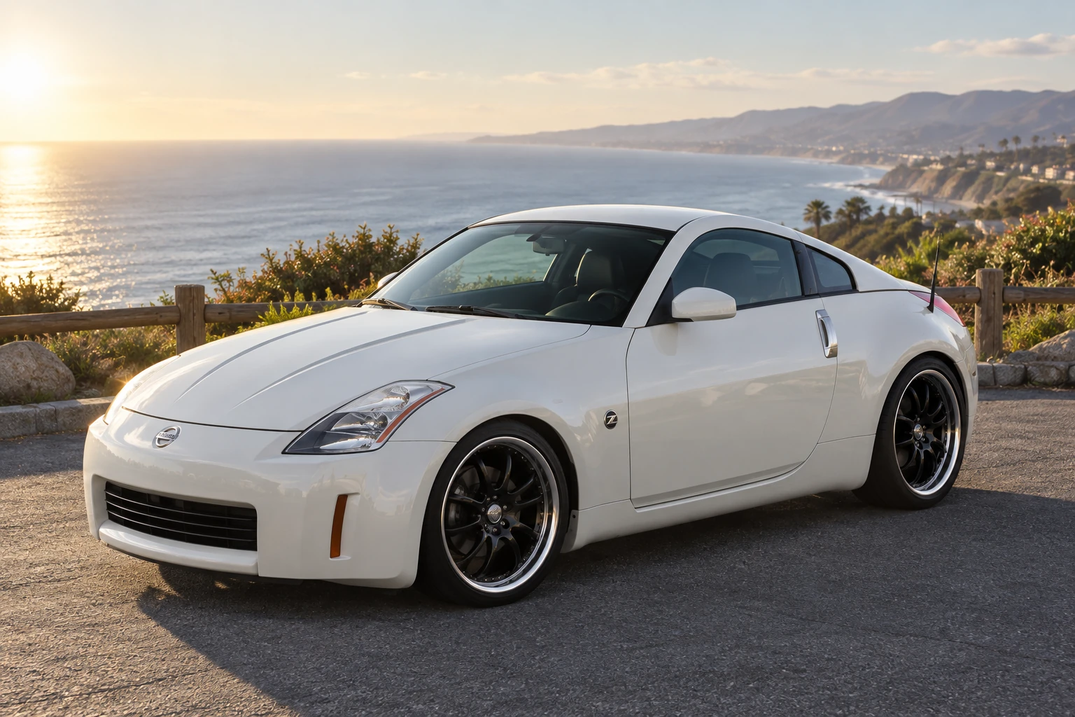 AI-generated view of a 2005 Nissan 350Z Touring with PIAA Super Rozza Limited wheels